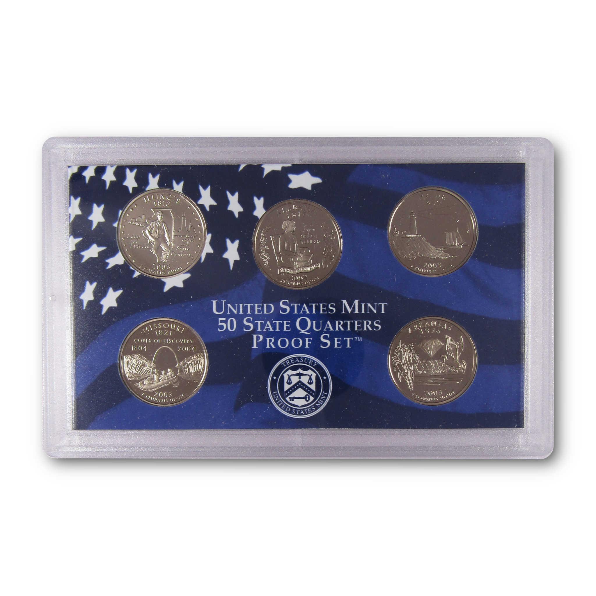 United States Mint 50 State Quarters Proof Set with five collectible coins in display case