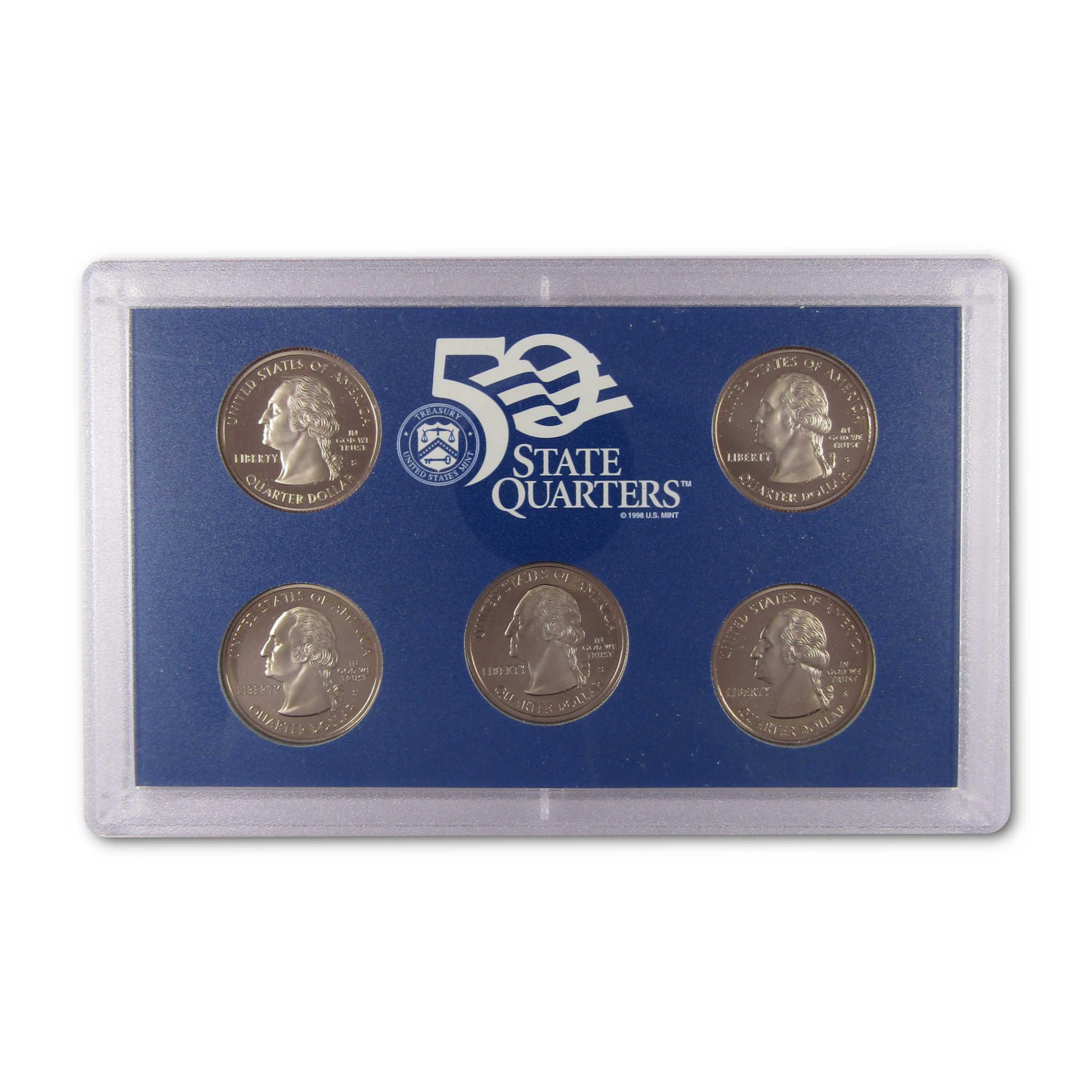 50 State Quarters collectible coin set in clear display case on blue background