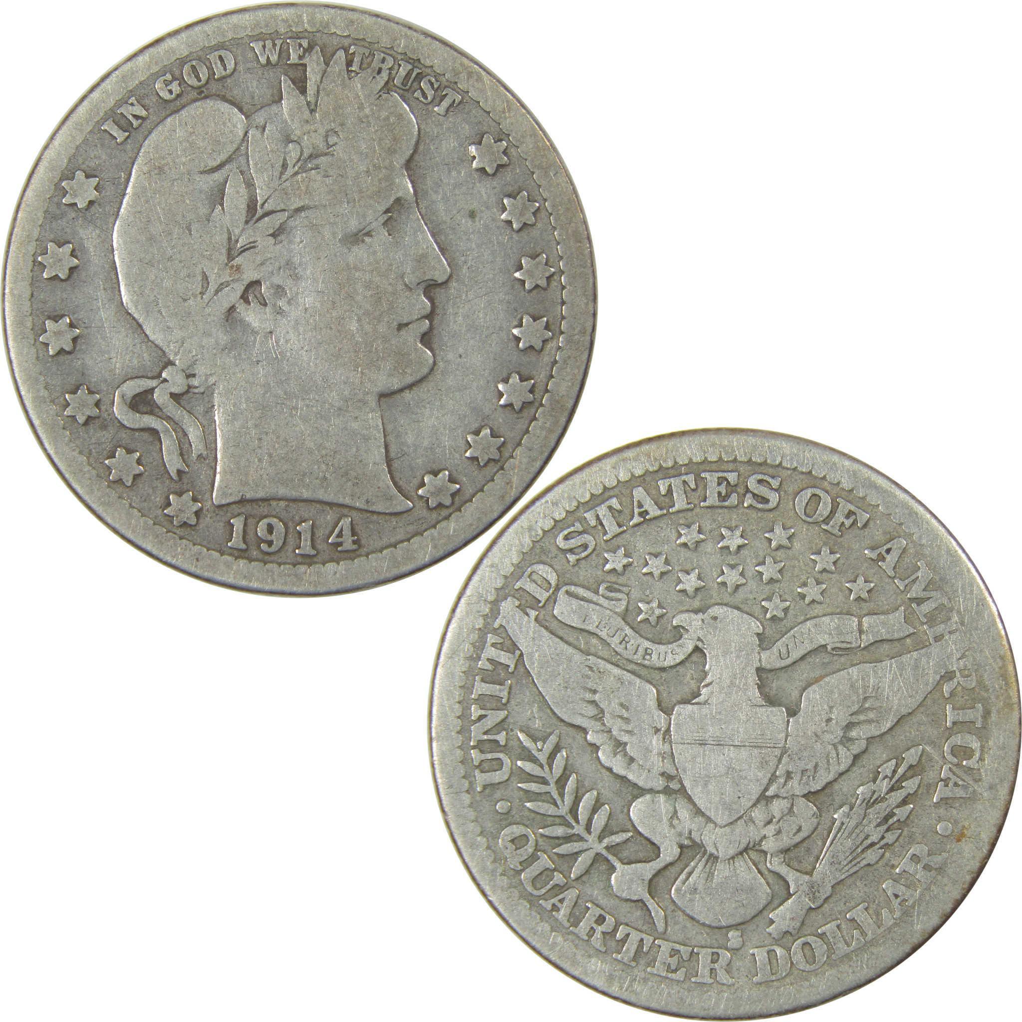 1914 S Barber Quarter VG Very Good Silver 25c Coin SKU:I23809