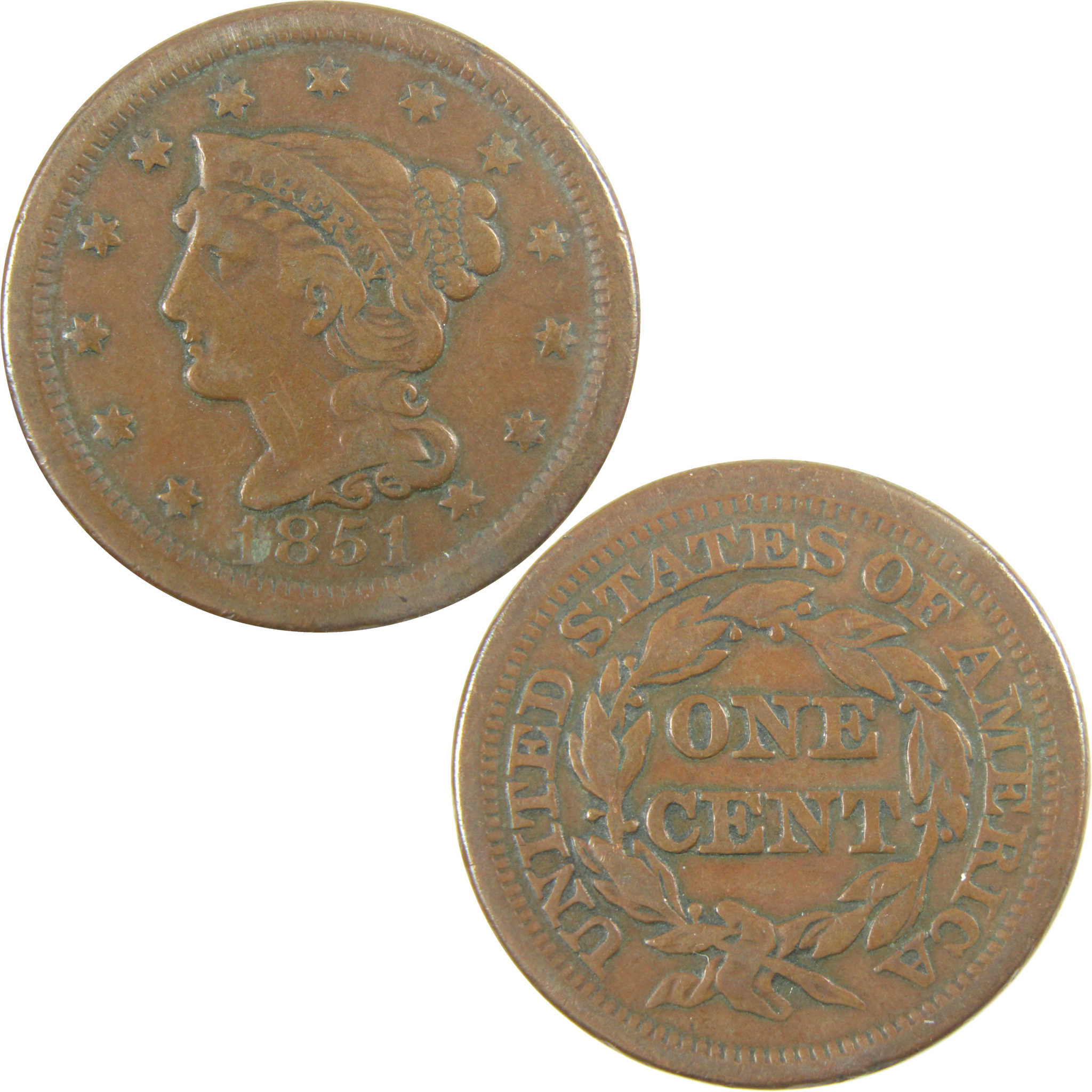 1851 Braided Hair Copper Large Cent F Fine Details Penny SKU:I28214