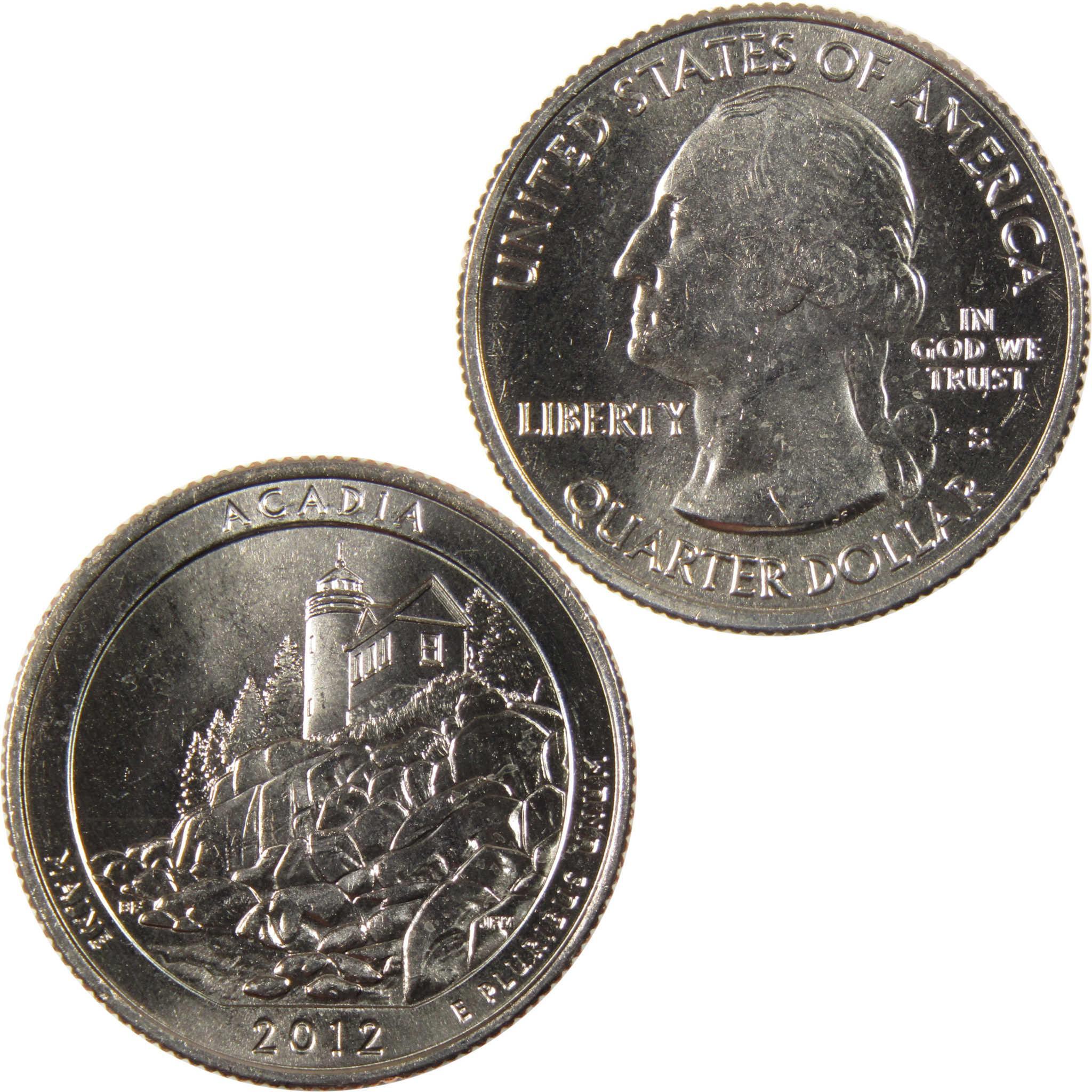 2012 US Acadia National Park quarter collectible coin, lighthouse and George Washington