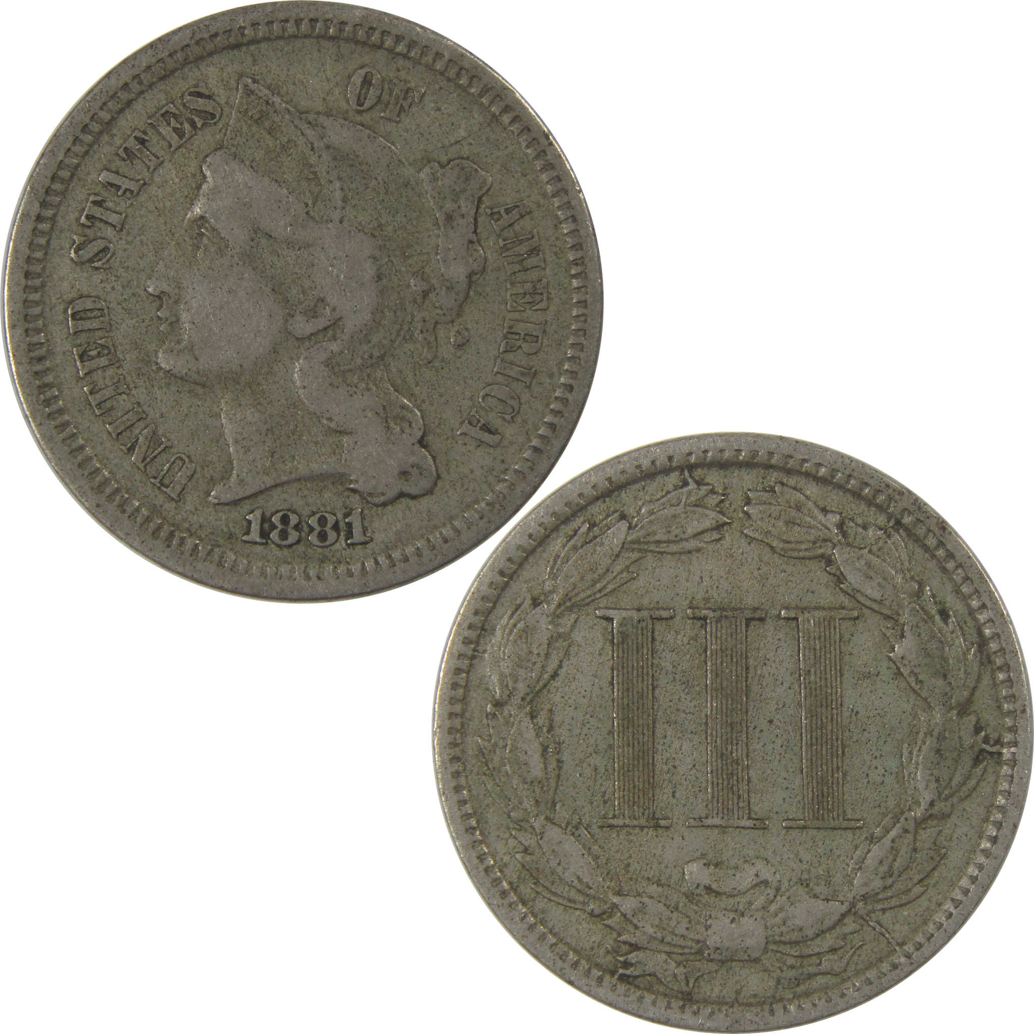 1881 Nickel Three Cent Piece F Fine 3c Coin SKU:I23829