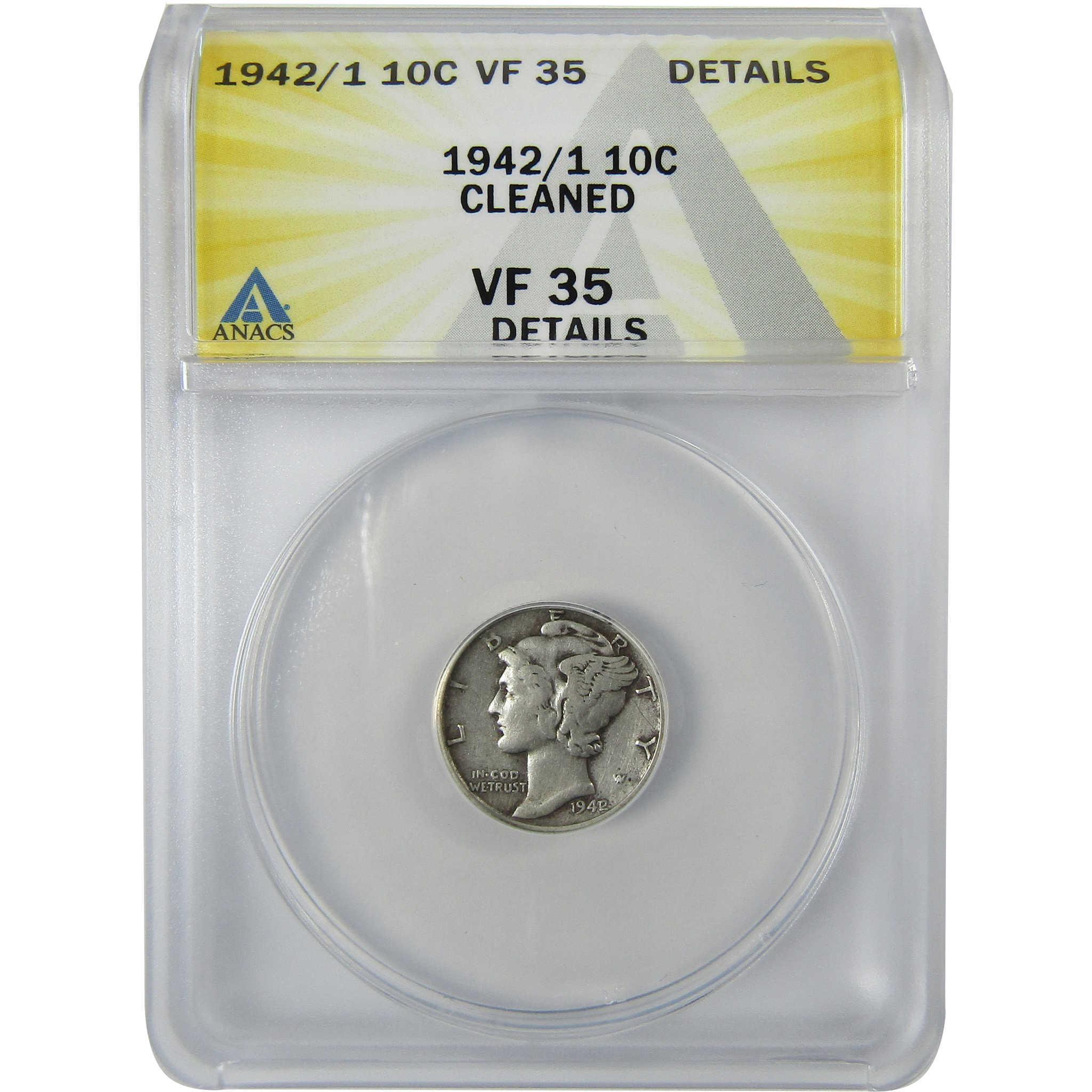 1942/1 Mercury Silver Dime VF 35 Details ANACS 10c Coin SKU:CP765