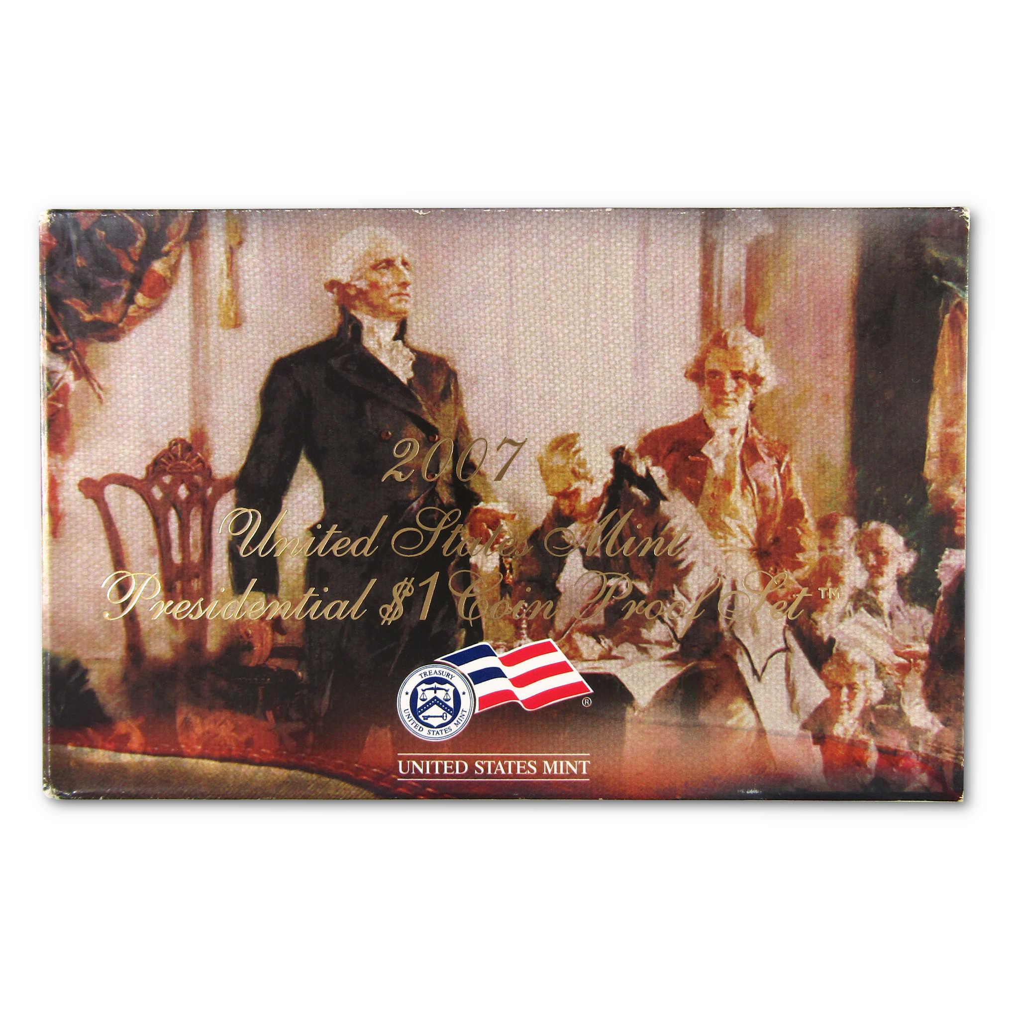 2007 United States Mint Presidential $1 Coin Proof Set box with historical figures illustration