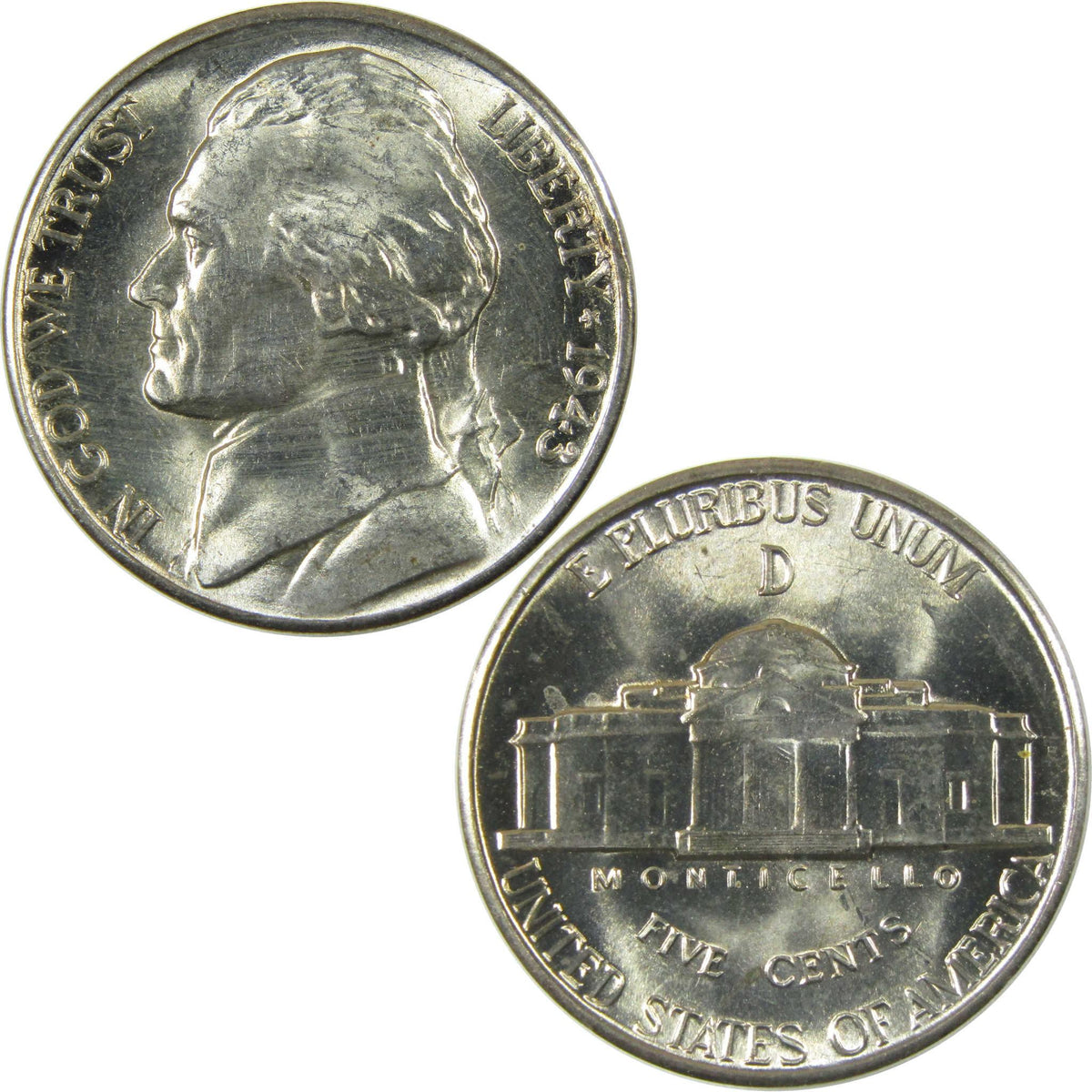 1943 D Jefferson Wartime Silver Nickel Uncirculated Mint State 5c Coin