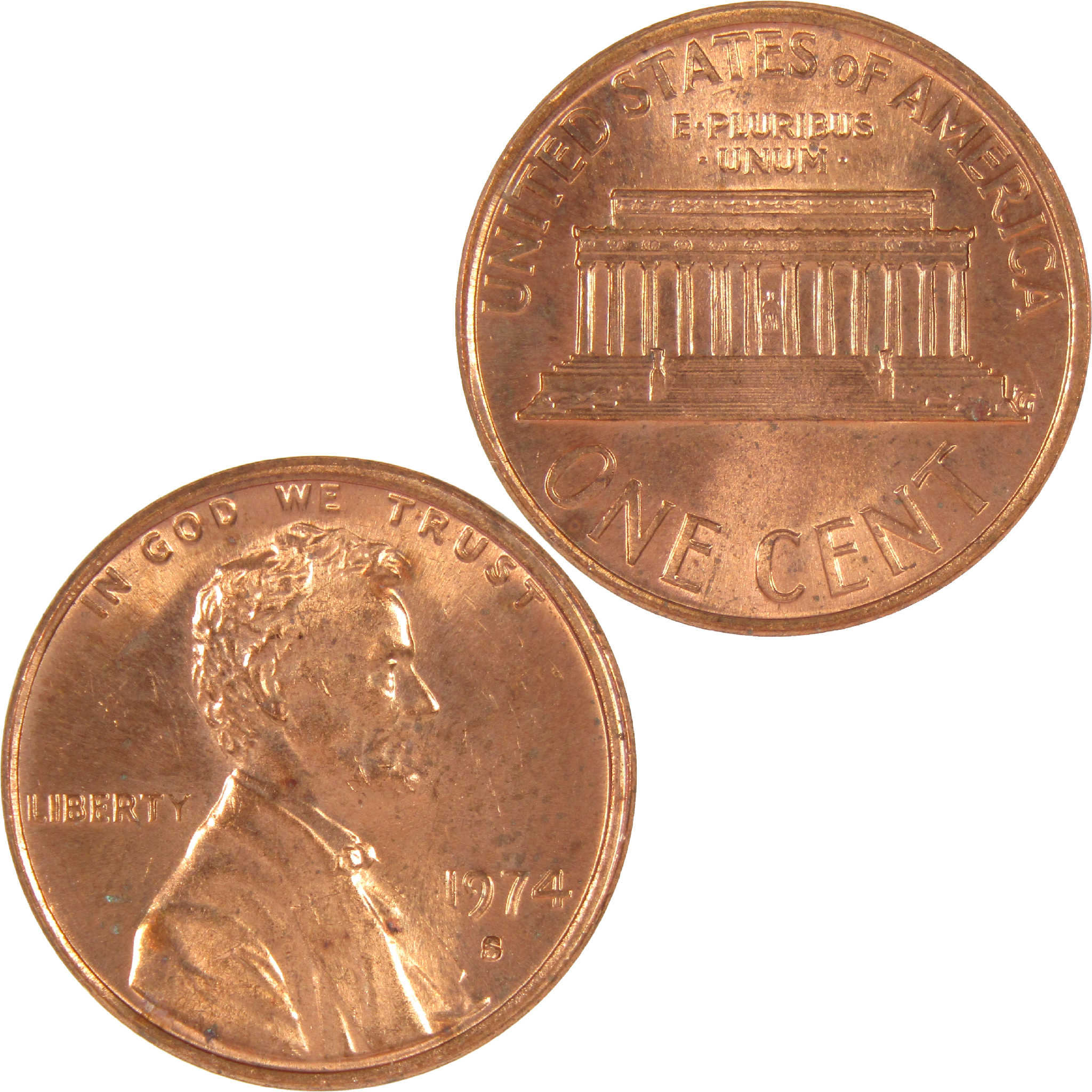 1974 S Lincoln Memorial one cent copper coin obverse and reverse close-up