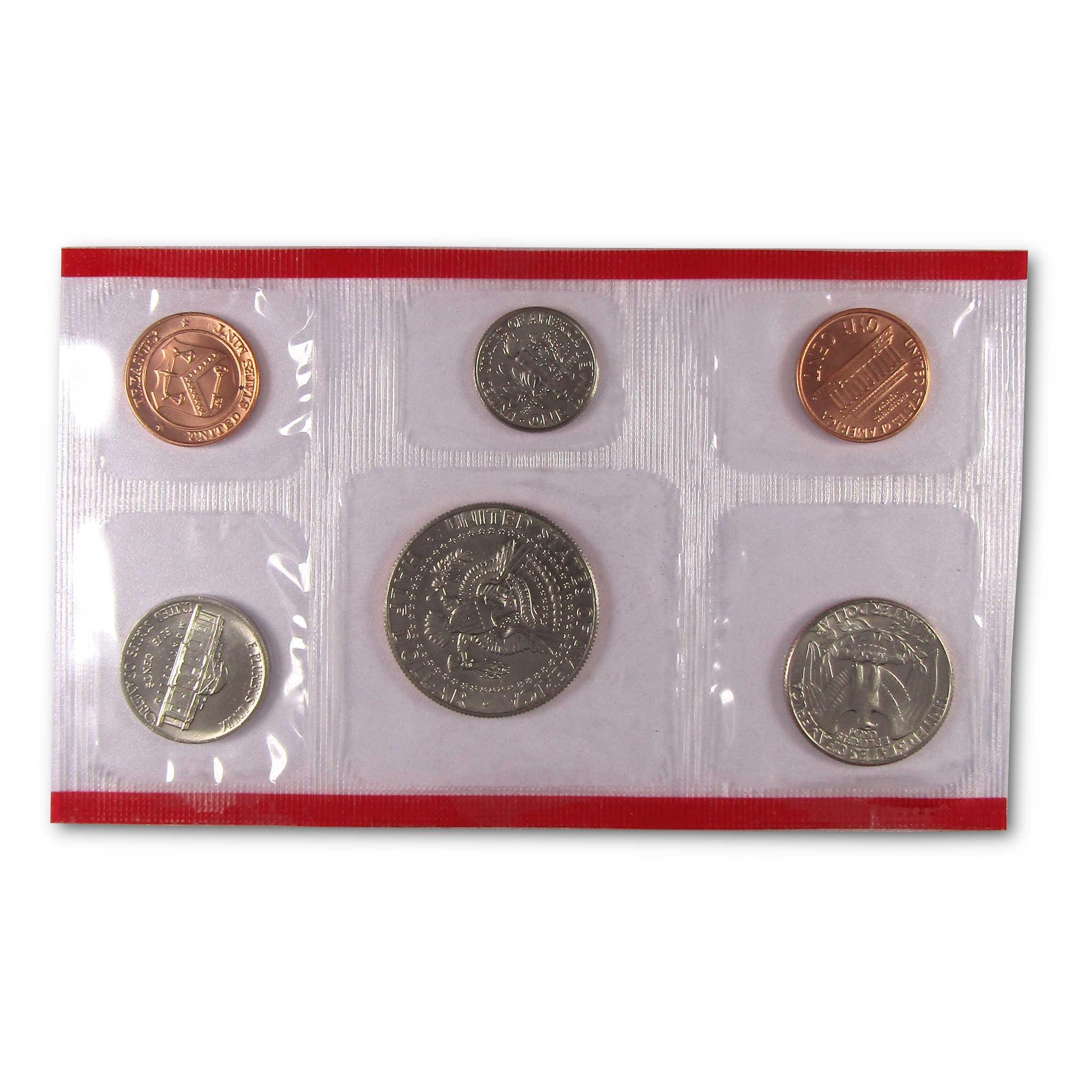 US coin set in clear plastic display with six collectible coins, mint uncirculated condition