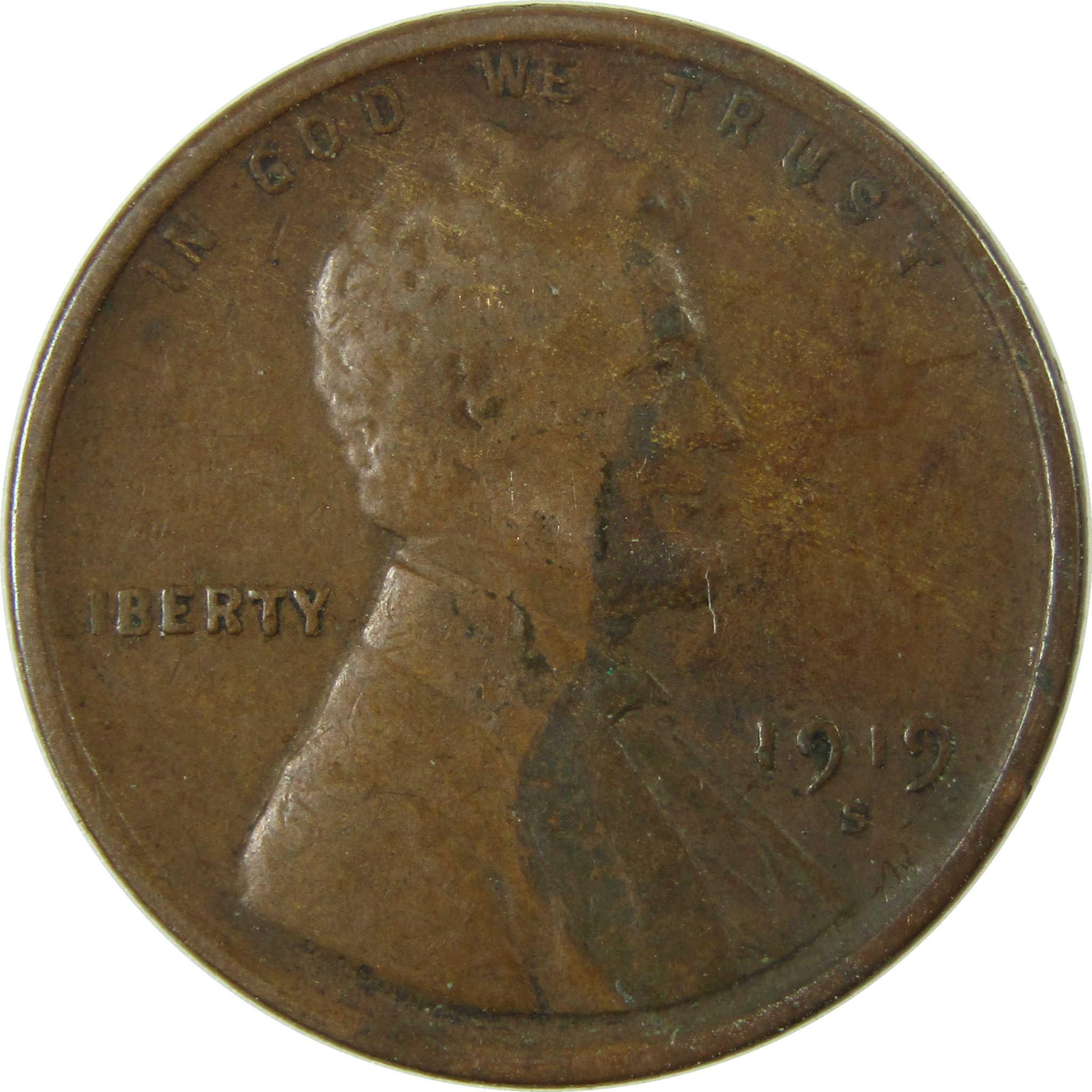 1919 S Lincoln Wheat Cent F Fine Penny 1c Coin SKU:I26841