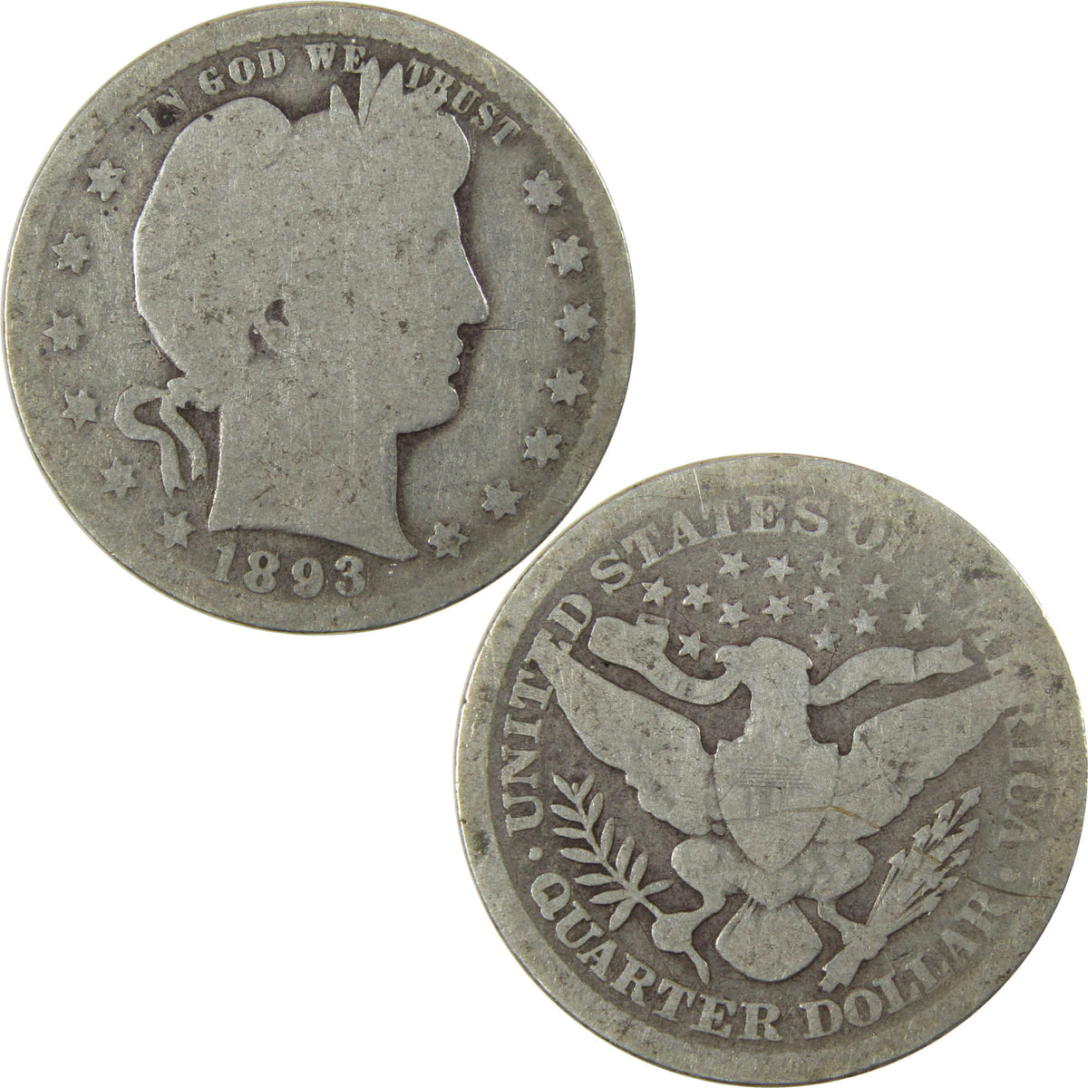 1893 Barber Silver Quarter G Good Details 25c Coin SKU:I28546