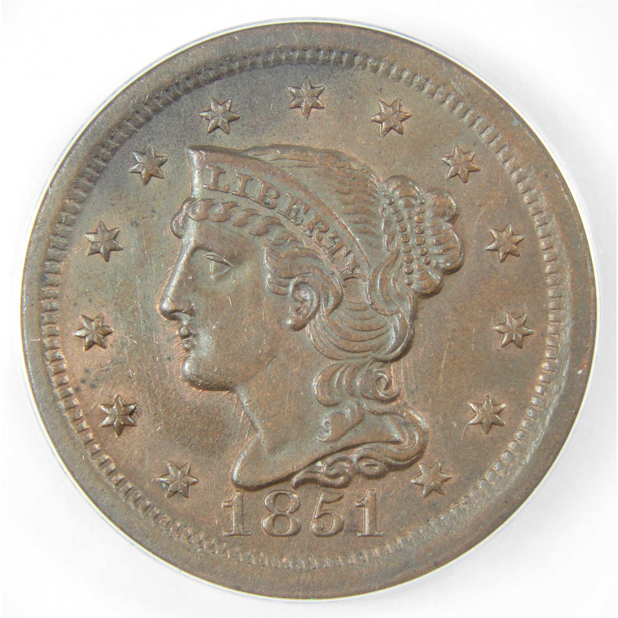 1851 Braided Hair Copper Large Cent AU 55 Details ANACS SKU:I25436