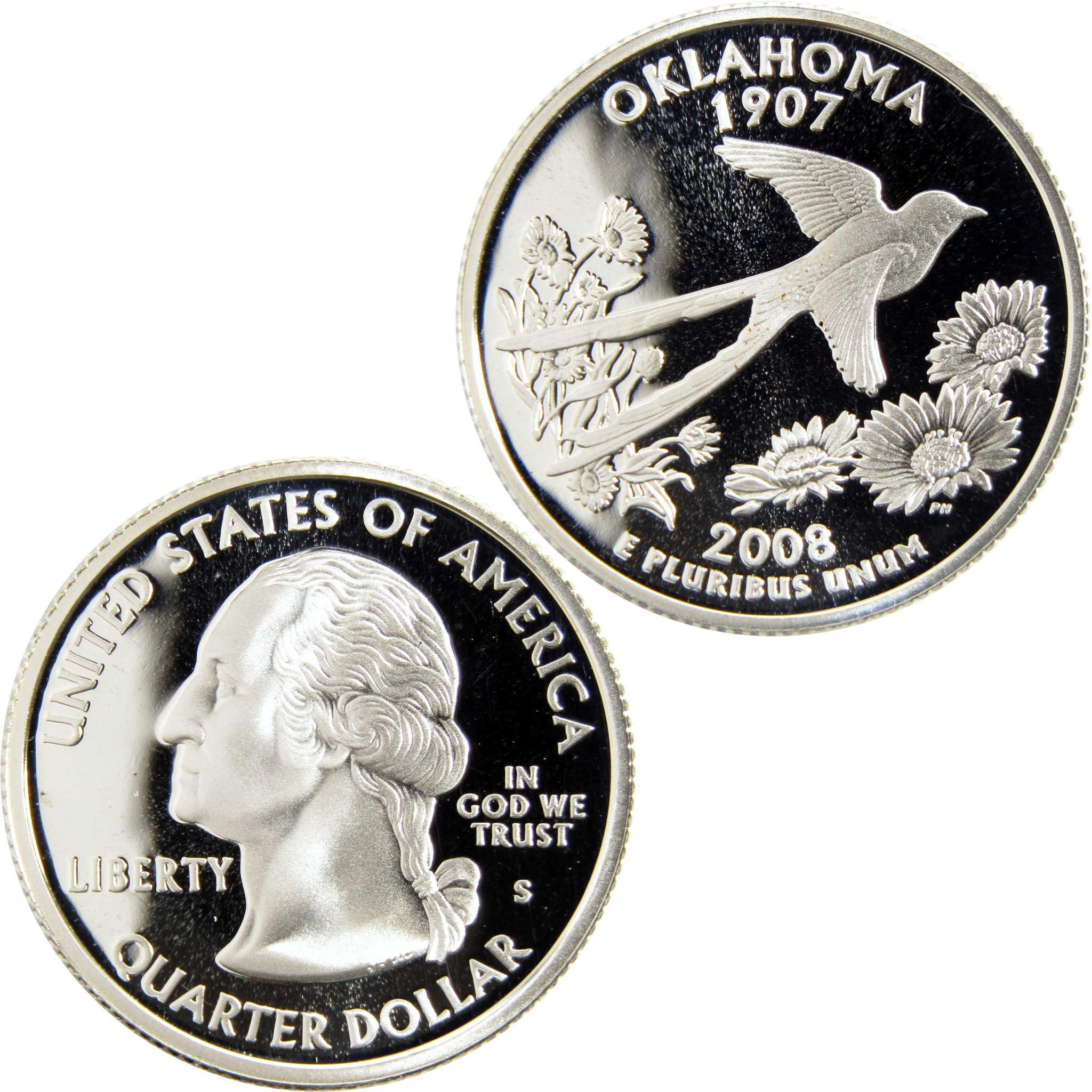 Oklahoma 2008 quarter dollar coin featuring a bird, wildflowers, and George Washington.