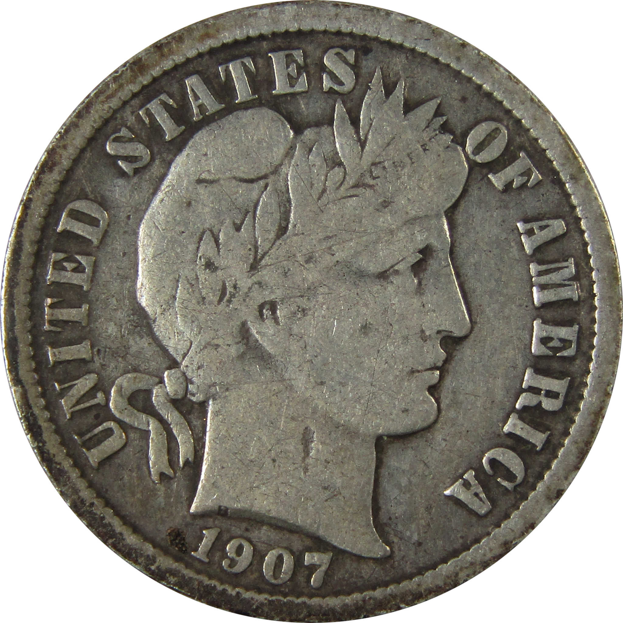 1907 D Barber Silver Dime F Fine Details 10c Coin SKU:CP1016
