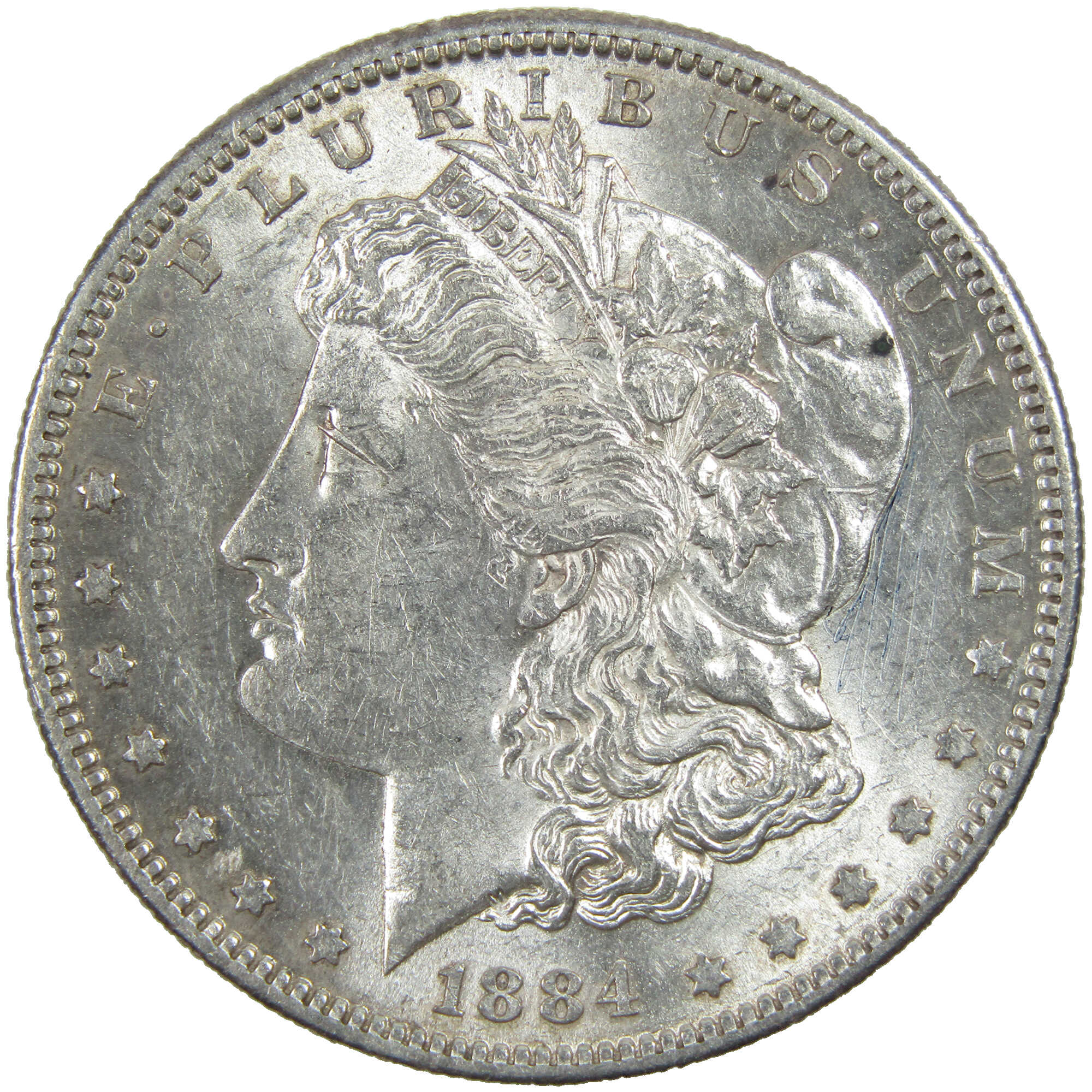 1884 S Morgan Dollar About Unc Details Silver Scratches SKU:I12932 - Morgan coin - Morgan silver dollar - Morgan silver dollar for sale - Profile Coins & Collectibles