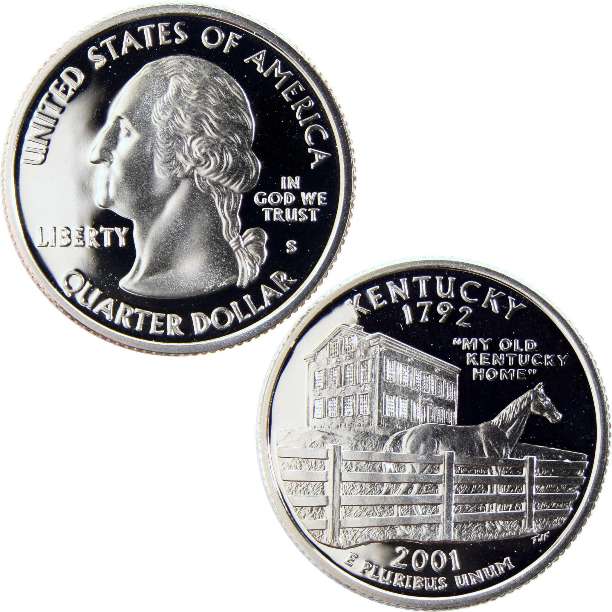2001 Kentucky state quarter collectible coin featuring George Washington and horse farm design