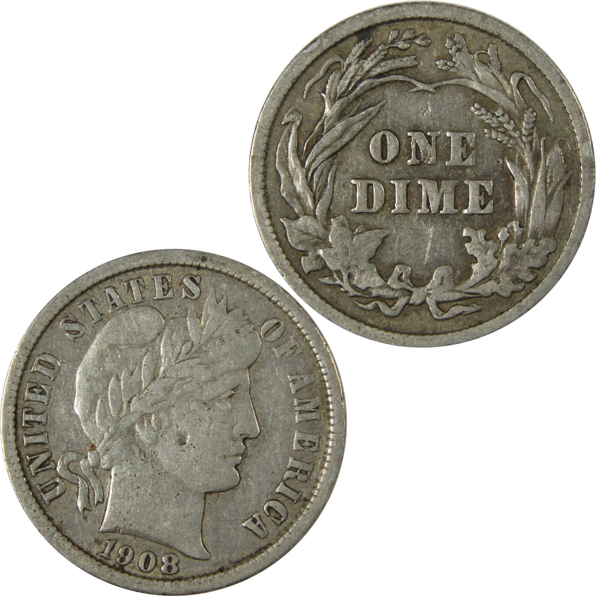 1908 Barber Silver Dime VF Very Fine Details 10c Coin SKU:CP1010