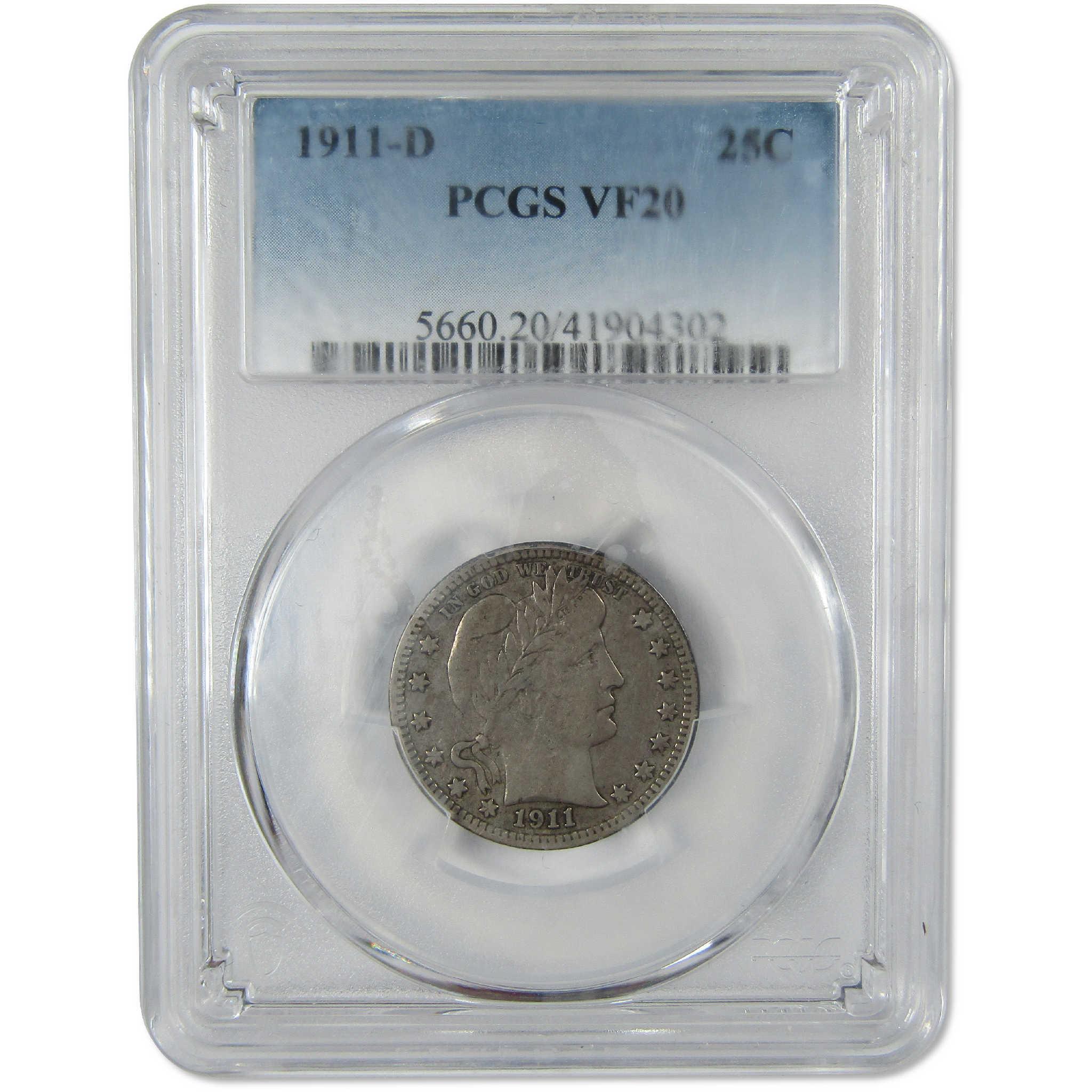 1911 D Barber Silver Quarter VF 20 PCGS 25c Coin Collectible