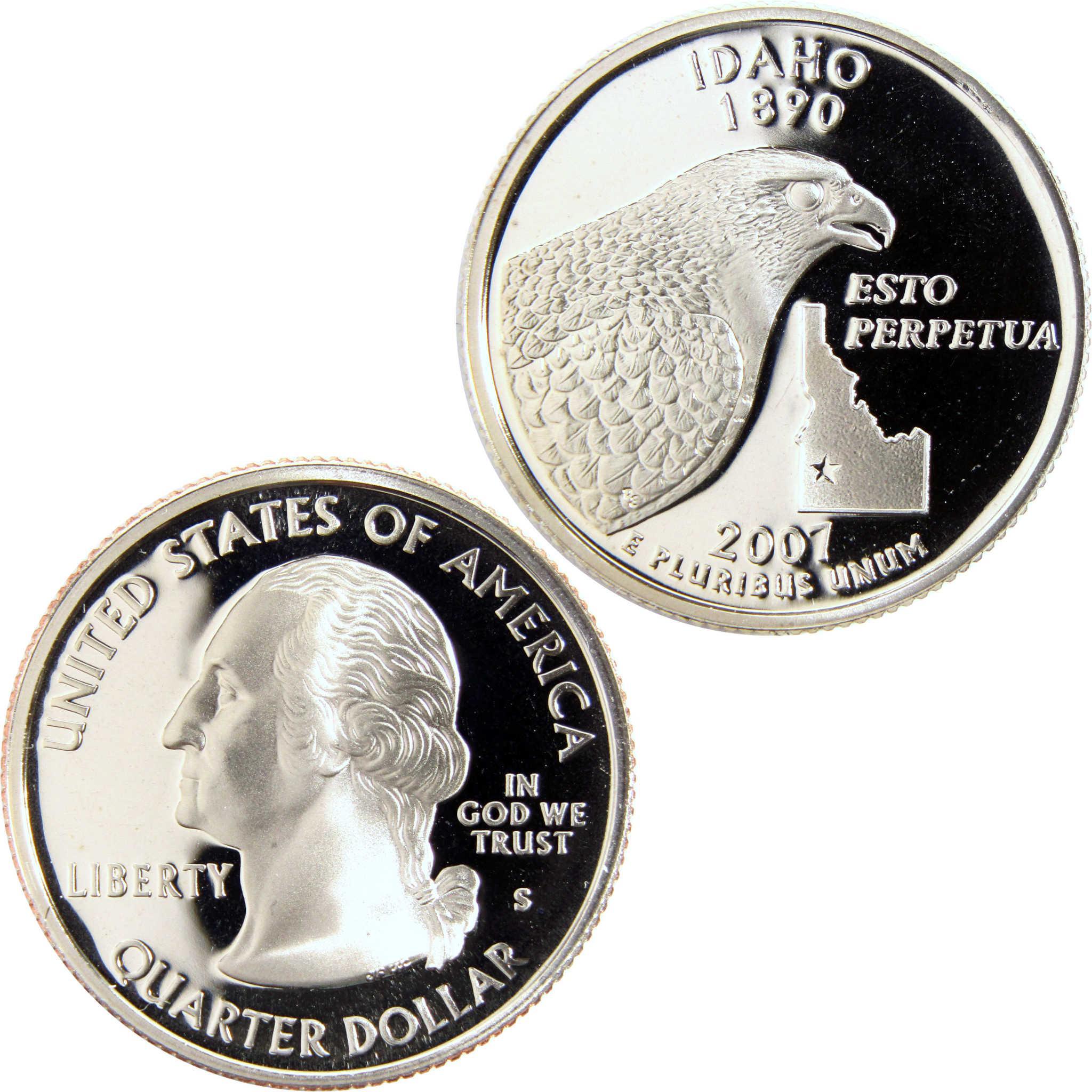 2007 Idaho state quarter collectible coin with falcon and map design, proof finish