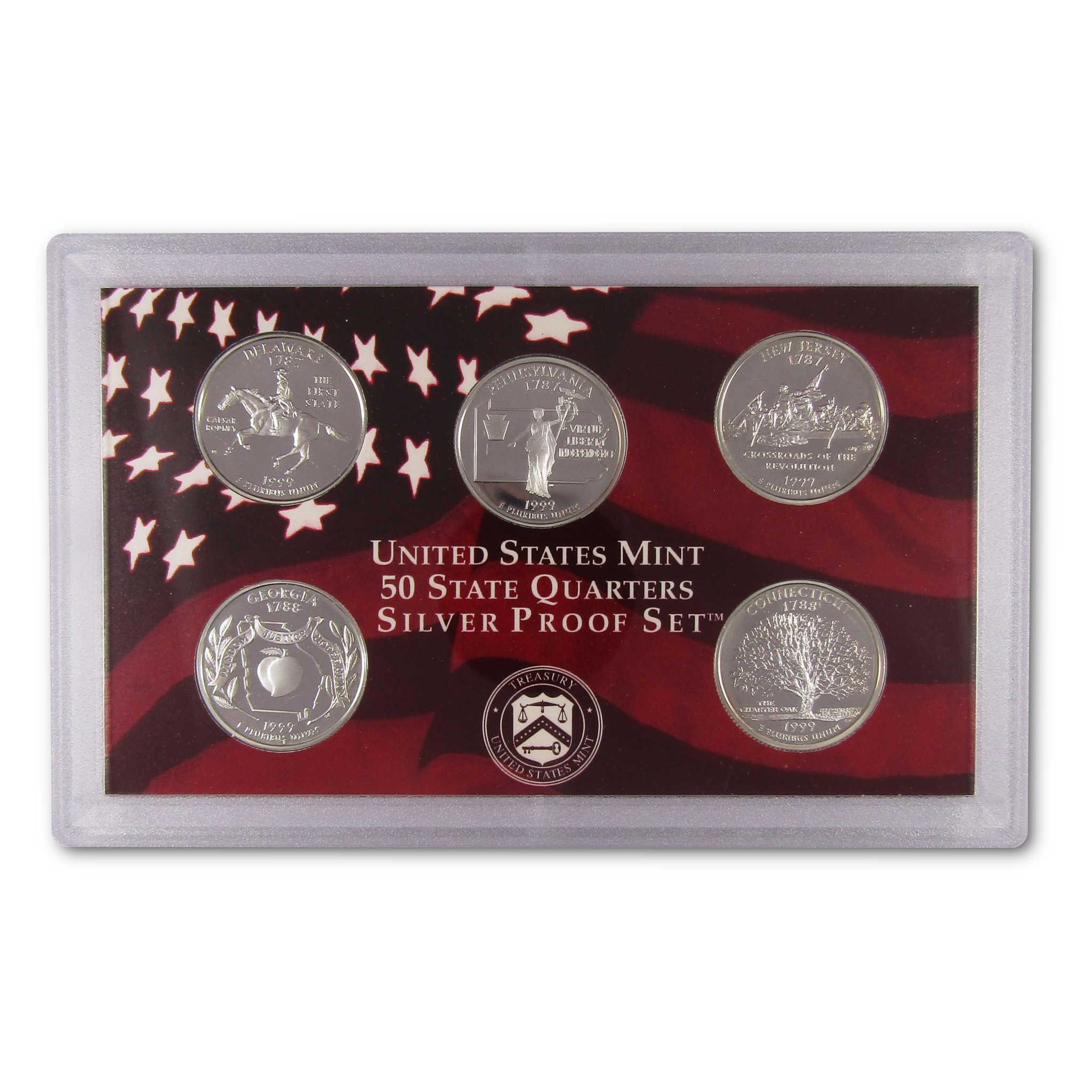 United States Mint 50 State Quarters Silver Proof Set with five collectible coins in display case