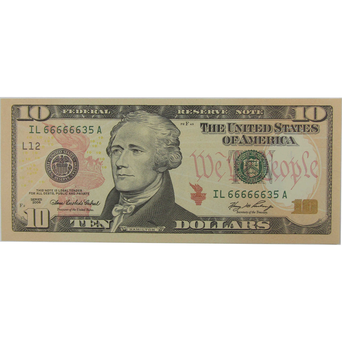 $10 Federal Reserve Note Uncirculated Serial Block Starts With Six 6's
