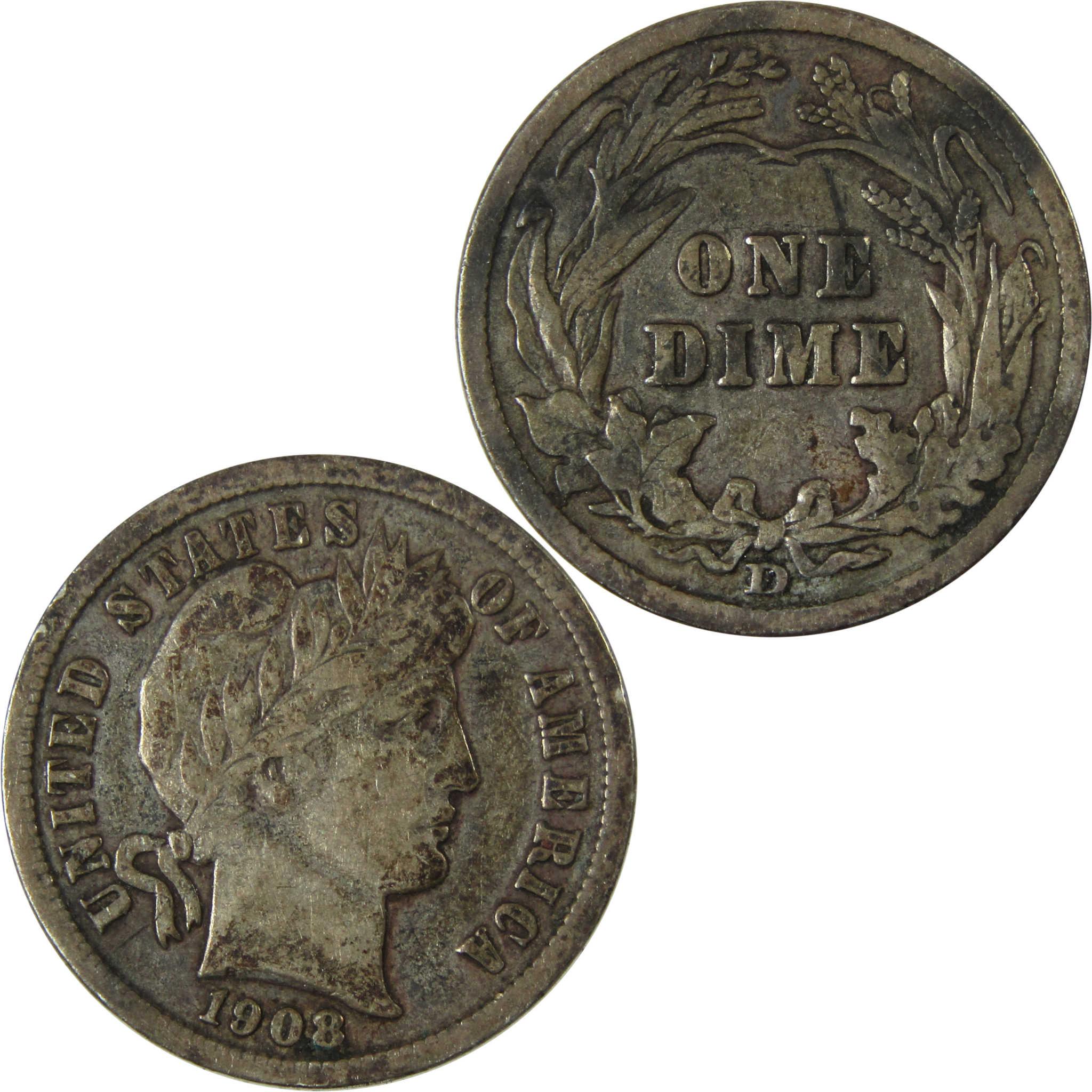 1908 D Barber Silver Dime F Fine 10c Coin Collectible SKU:CP997