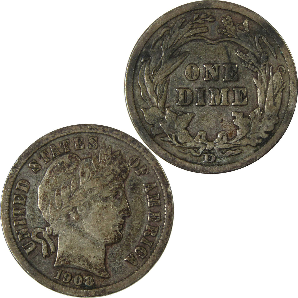 1908 D Barber Silver Dime F Fine 10c Coin Collectible SKU:CP997