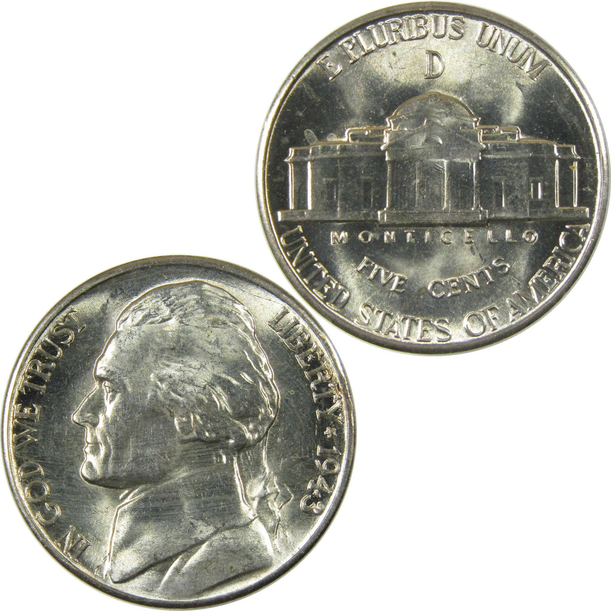1943 D Jefferson Wartime Silver Nickel Uncirculated Mint State 5c Coin