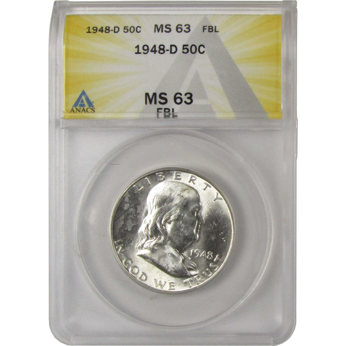 1948 D Franklin Silver Half Dollar MS 63 FBL ANACS 50c Coin SKU:I28786