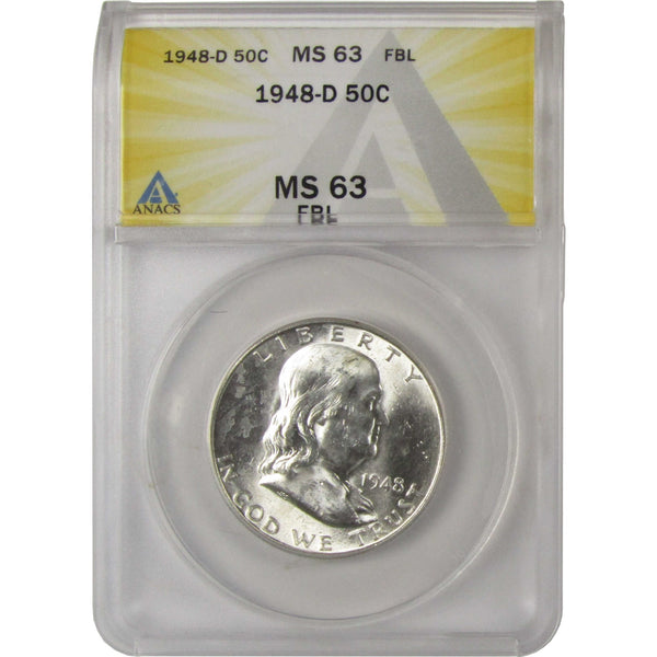 1948 D Franklin Silver Half Dollar MS 63 FBL ANACS 50c Coin SKU:I28786