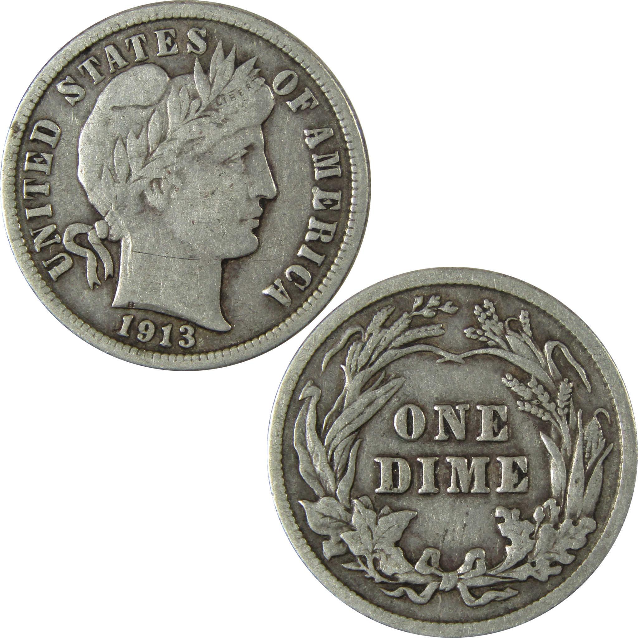 1913 Barber Silver Dime F Fine 10c Coin Collectible SKU:CP983