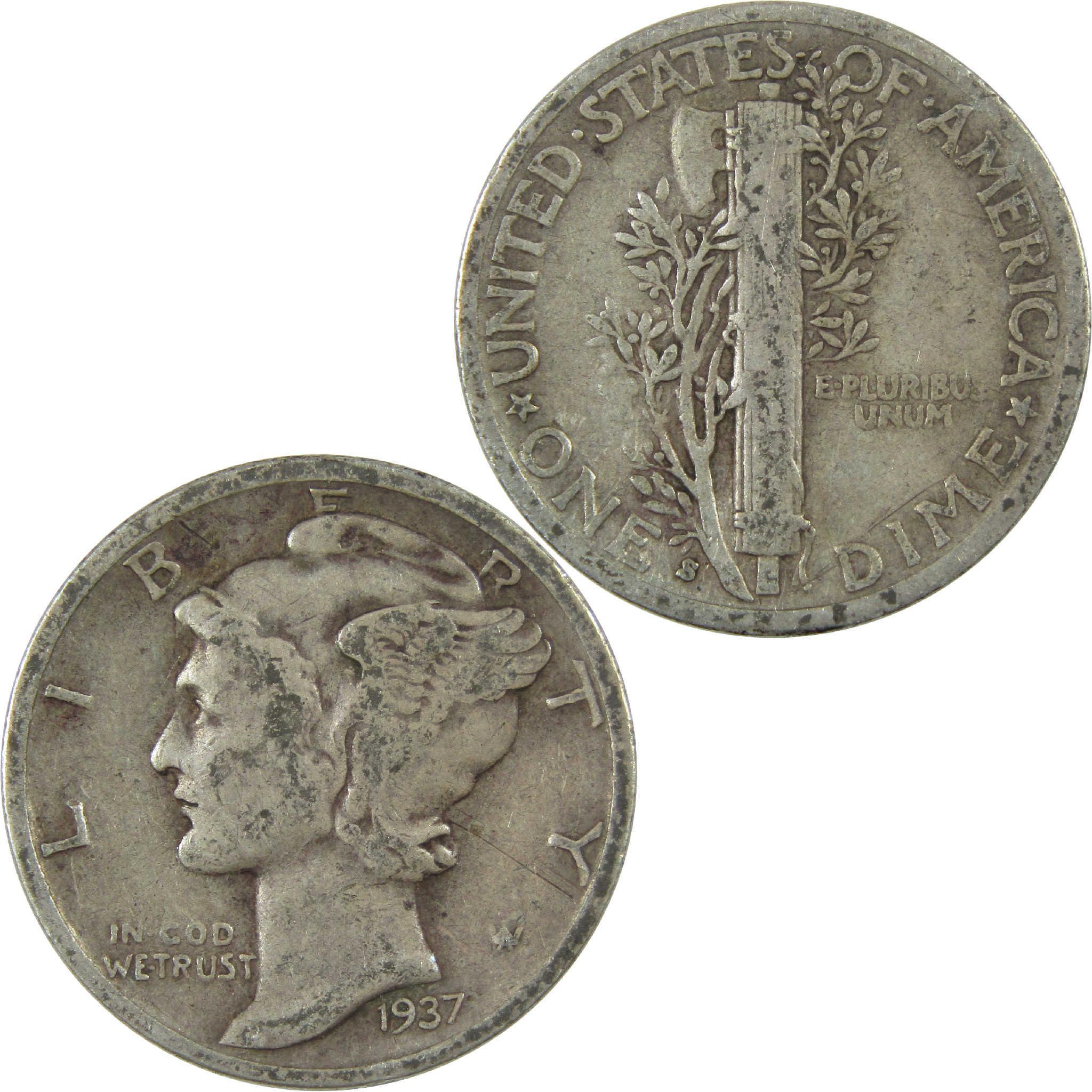 1937 S Mercury Silver Dime VG Very Good 10c Coin Collectible