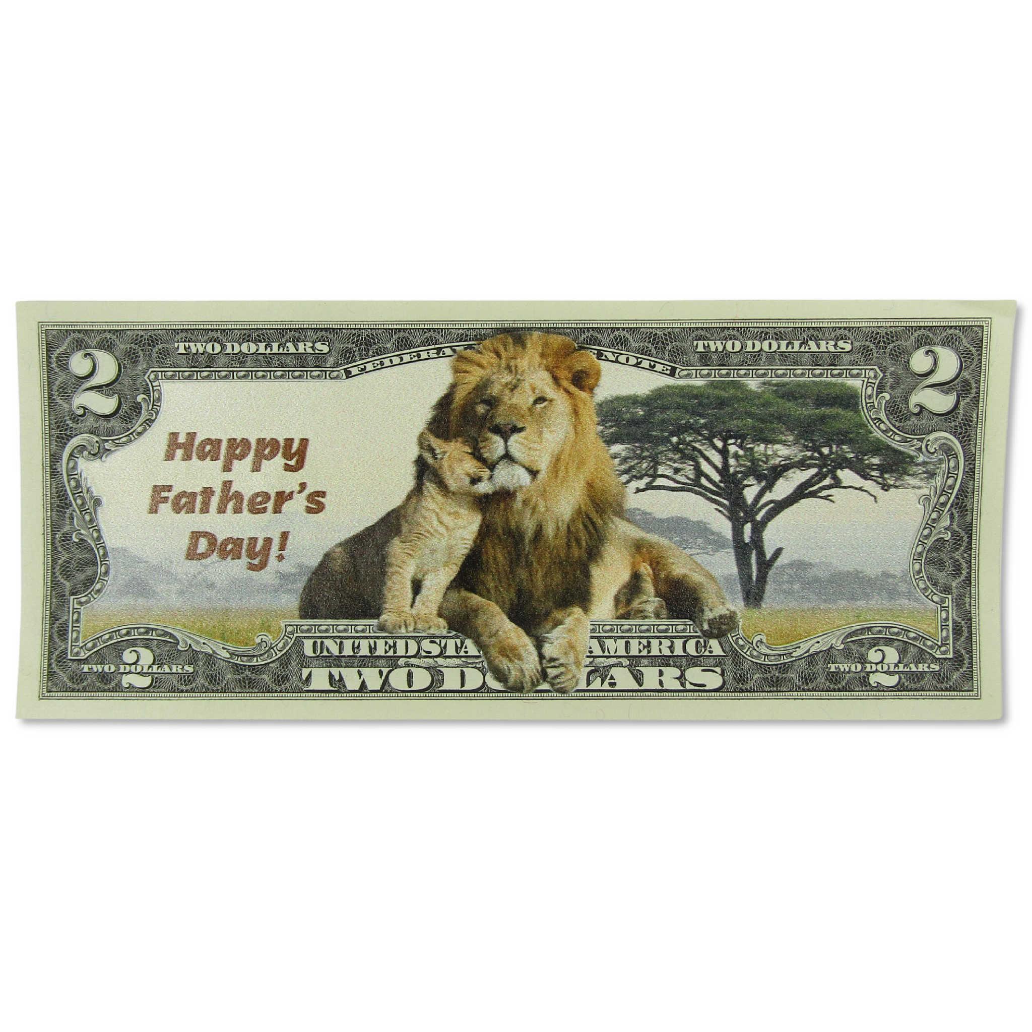 Happy Father's Day Lion with Cub Colorized $2 Federal Reserve Note