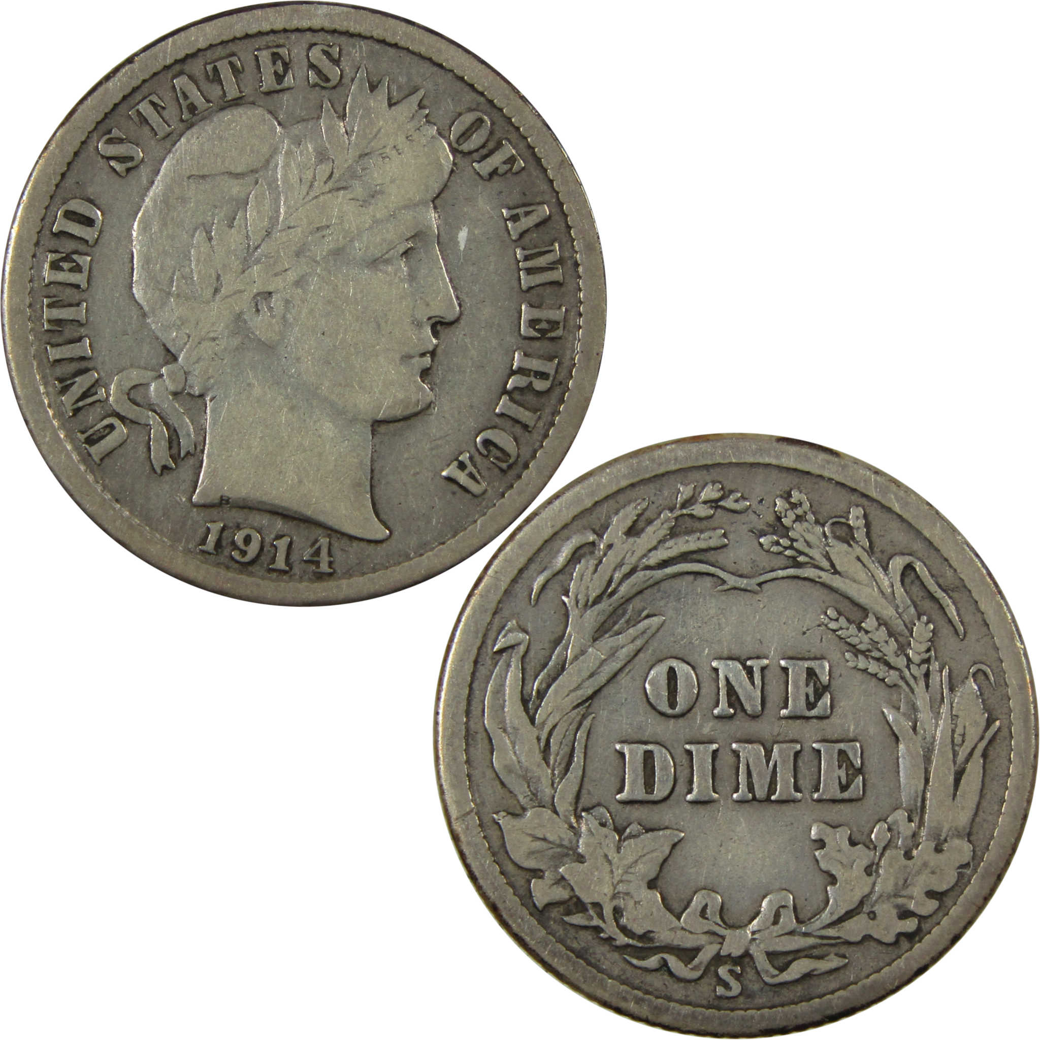1914 S Barber Silver Dime F Fine Details 10c Coin SKU:CP1344