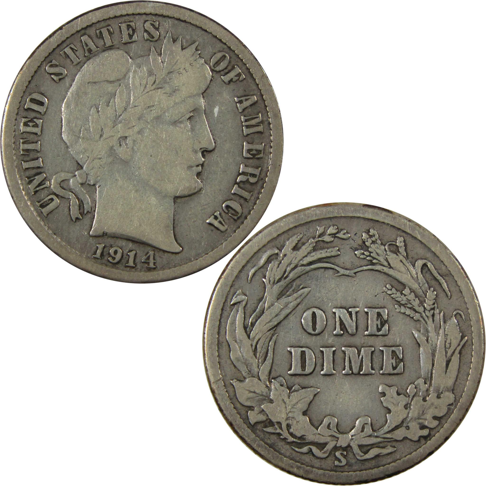 1914 S Barber Silver Dime F Fine Details 10c Coin SKU:CP1344