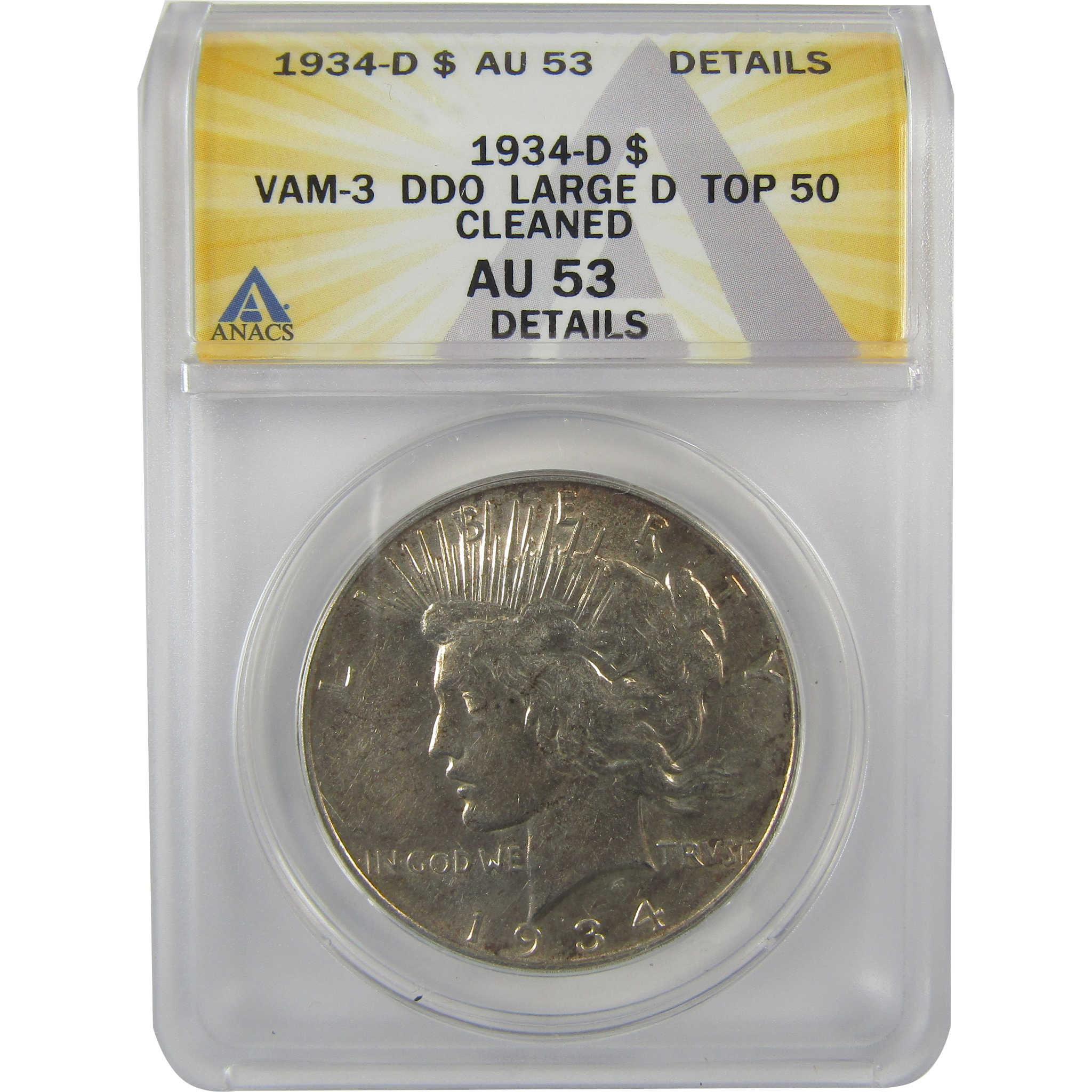 1934 D VAM-3 DDO Large D Peace Dollar AU 53 Details ANACS SKU:I21598
