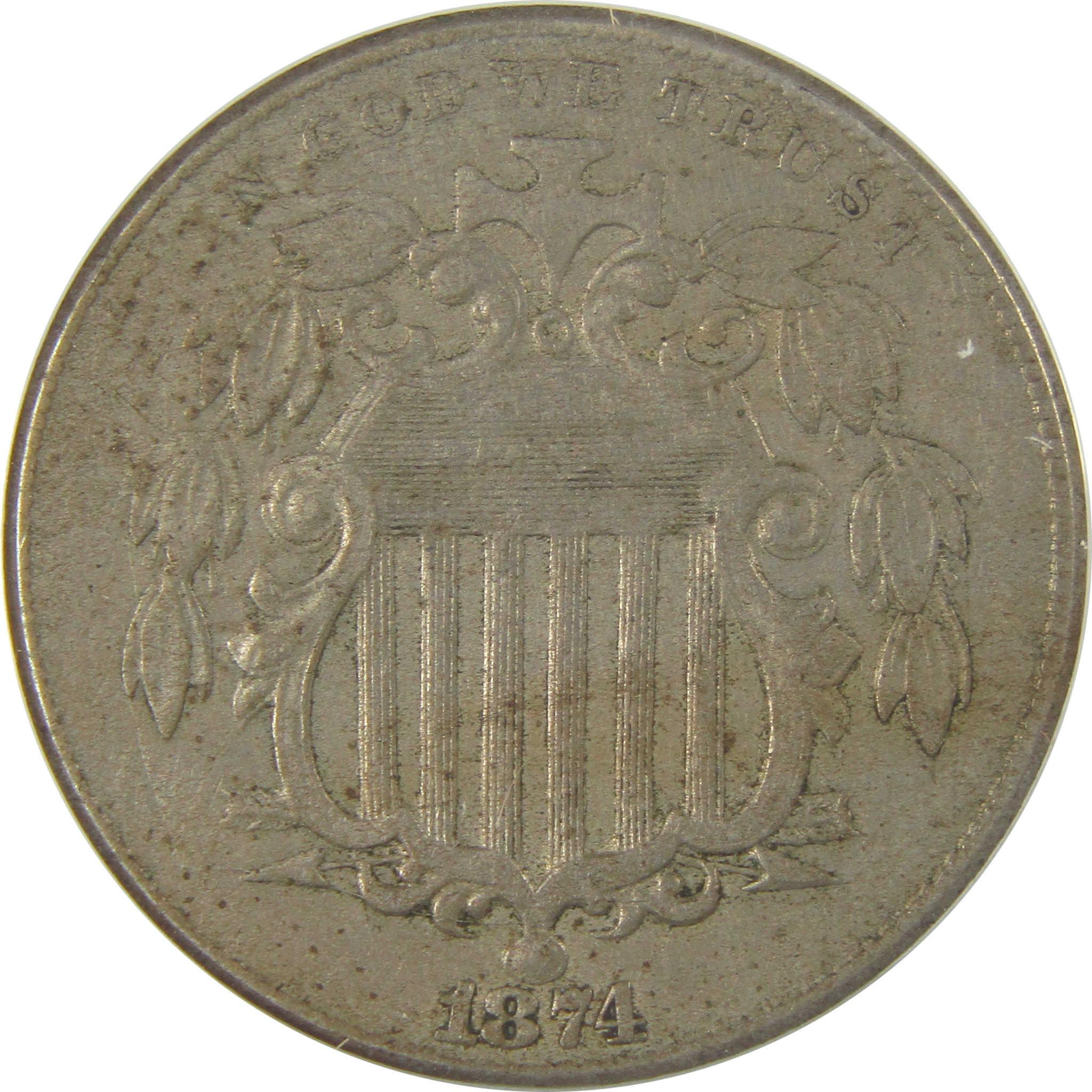 1874 Shield Nickel EF 40 ANACS 5c Coin SKU:I20178