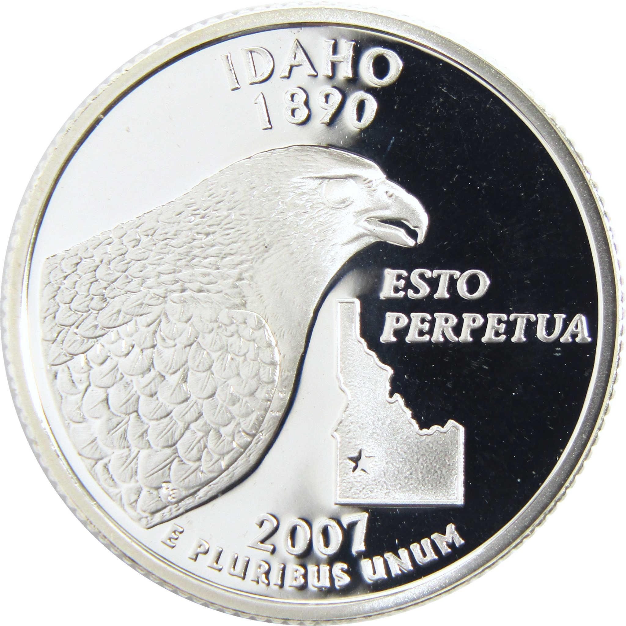 Idaho 2007 state quarter featuring peregrine falcon, state outline, and 'Esto Perpetua' text