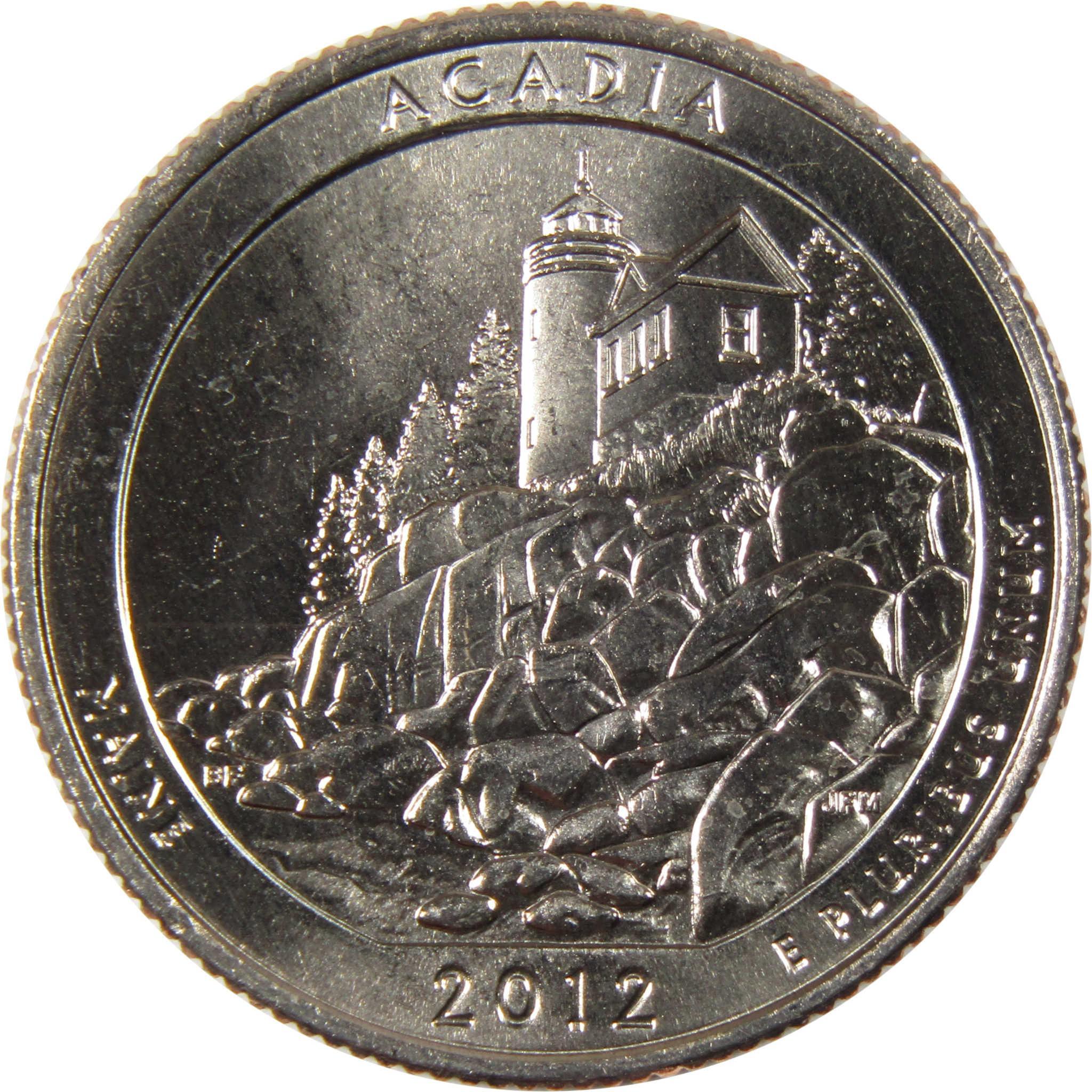 2012 Acadia National Park quarter coin featuring a lighthouse on rocky shoreline, Maine collectible.