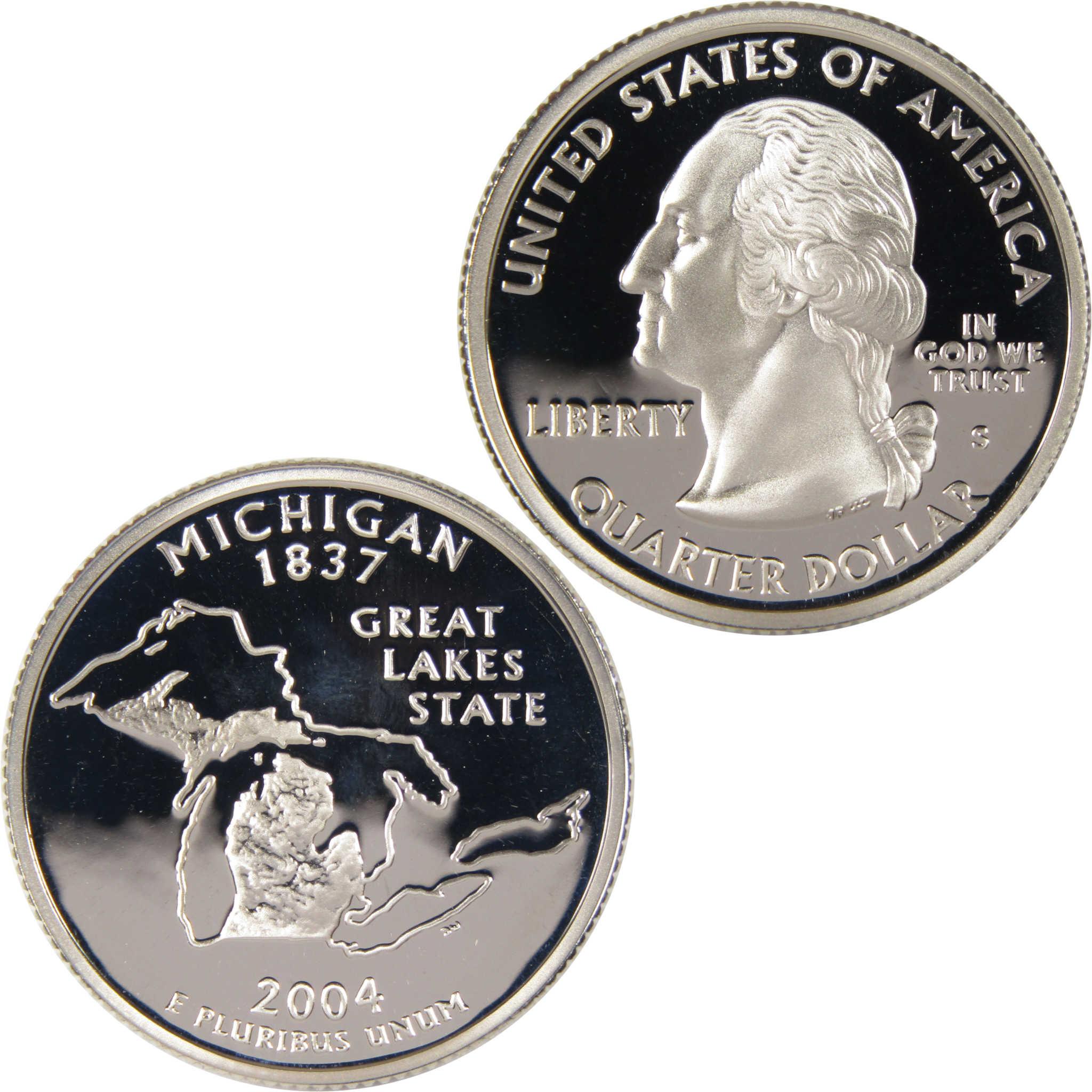 2004 Michigan state quarter showing George Washington and Great Lakes map design