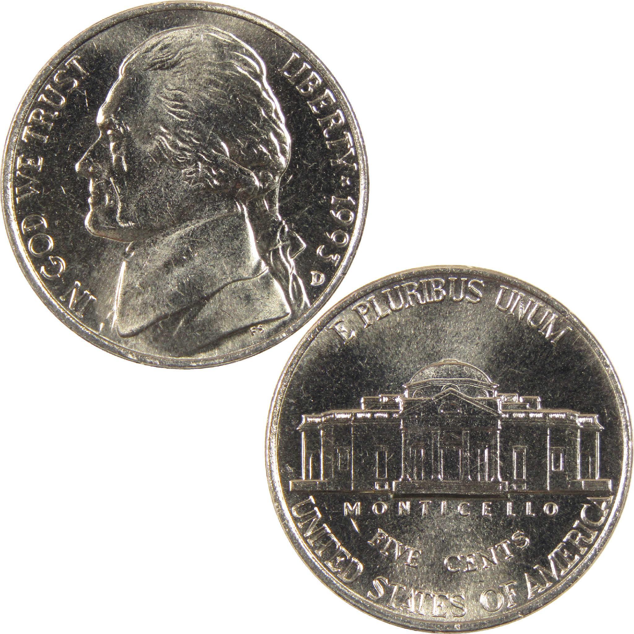 1993 Jefferson nickel showing obverse portrait and reverse Monticello design, collectible coin