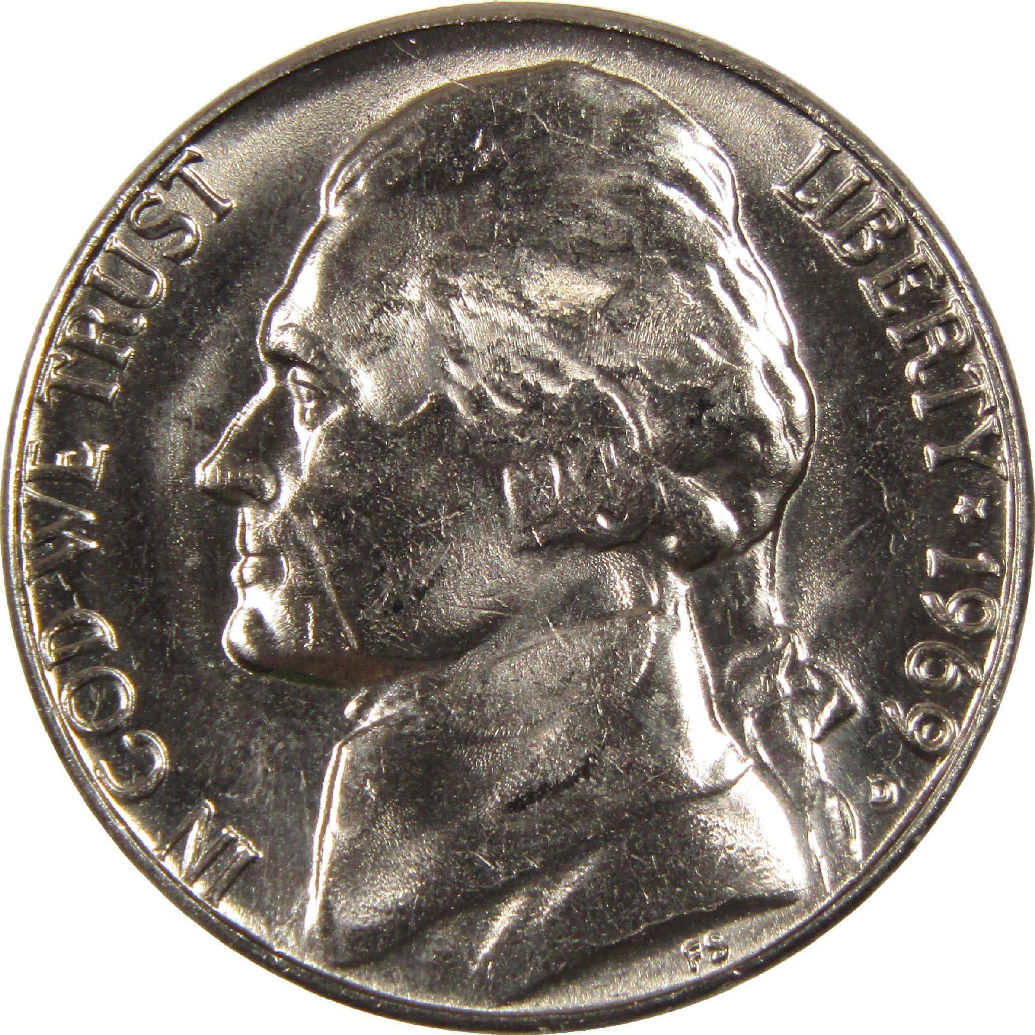 1969 Jefferson nickel coin obverse with Liberty and In God We Trust inscriptions