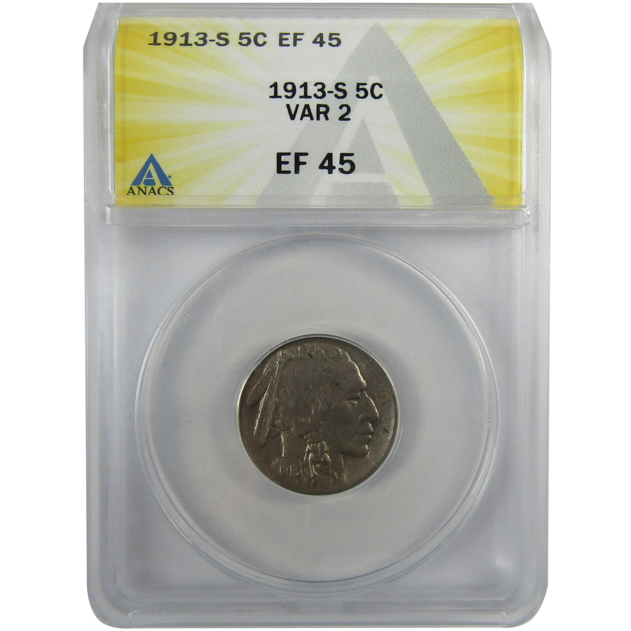 1913 S Type 2 Indian Head Buffalo Nickel EF 45 ANACS 5c CoinSKU:I28069