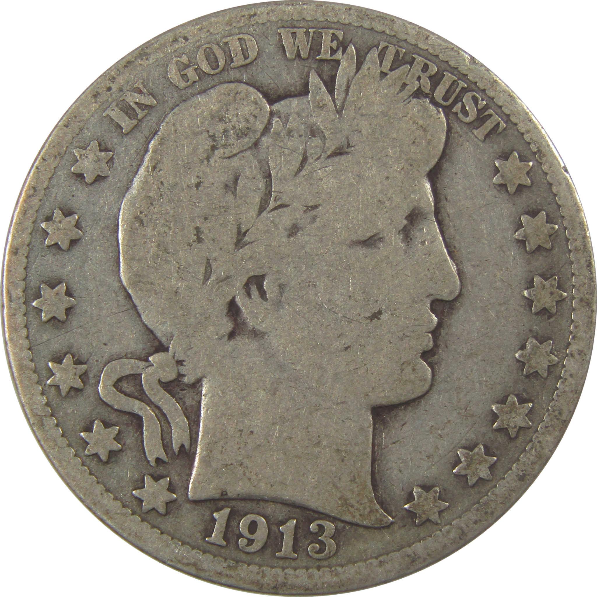 1913 Barber Silver Half Dollar VG Very Good 50c Coin SKU:I25229