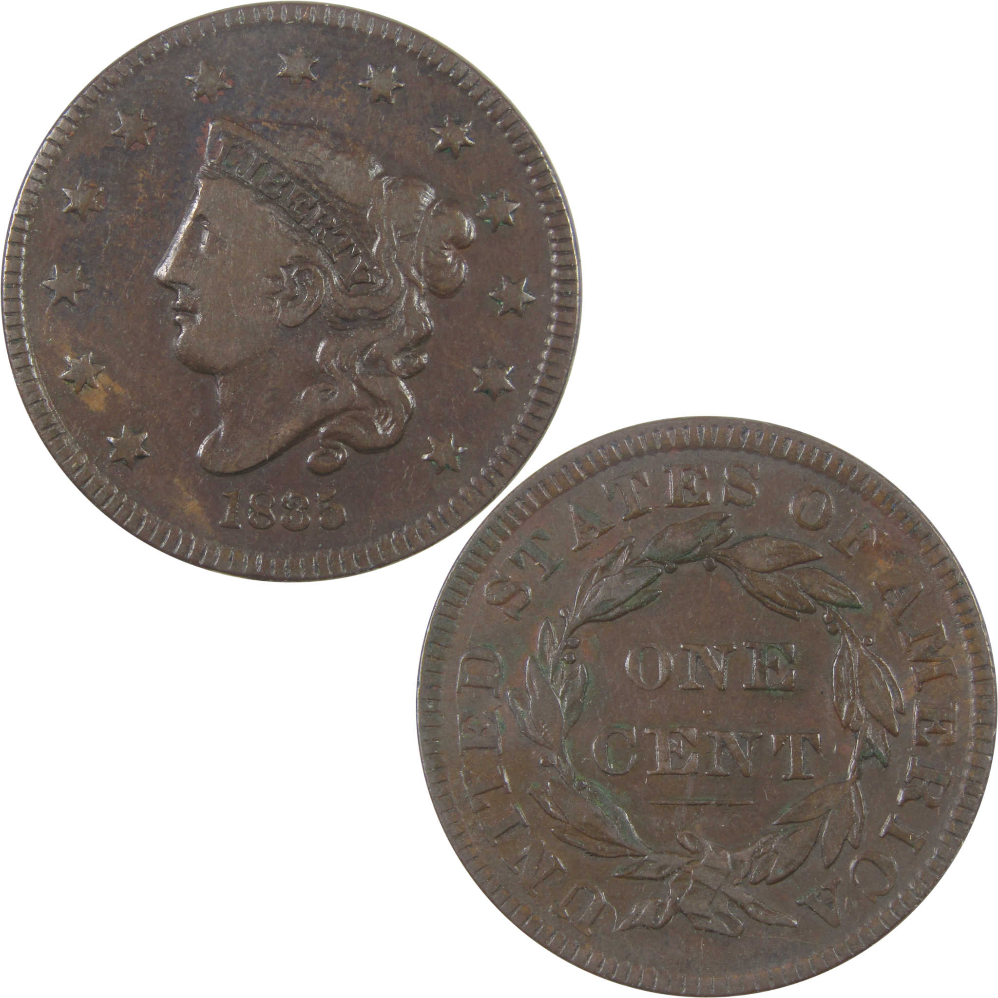 1835 Small 8 and Stars Coronet Head Large Cent F Fine SKU:I18912