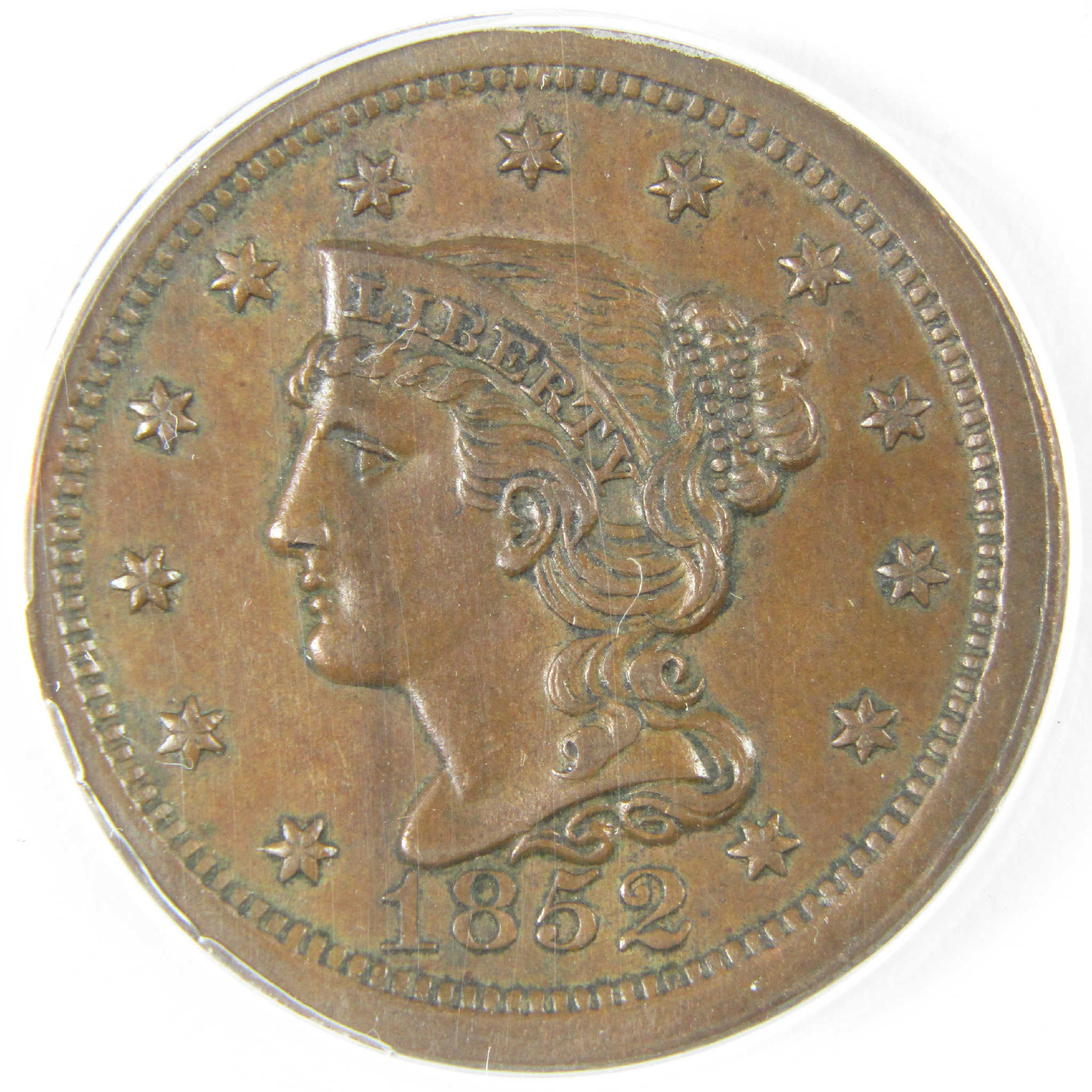 1852 Braided Hair Copper Large Cent AU 55 ANACS Penny 1c Coin