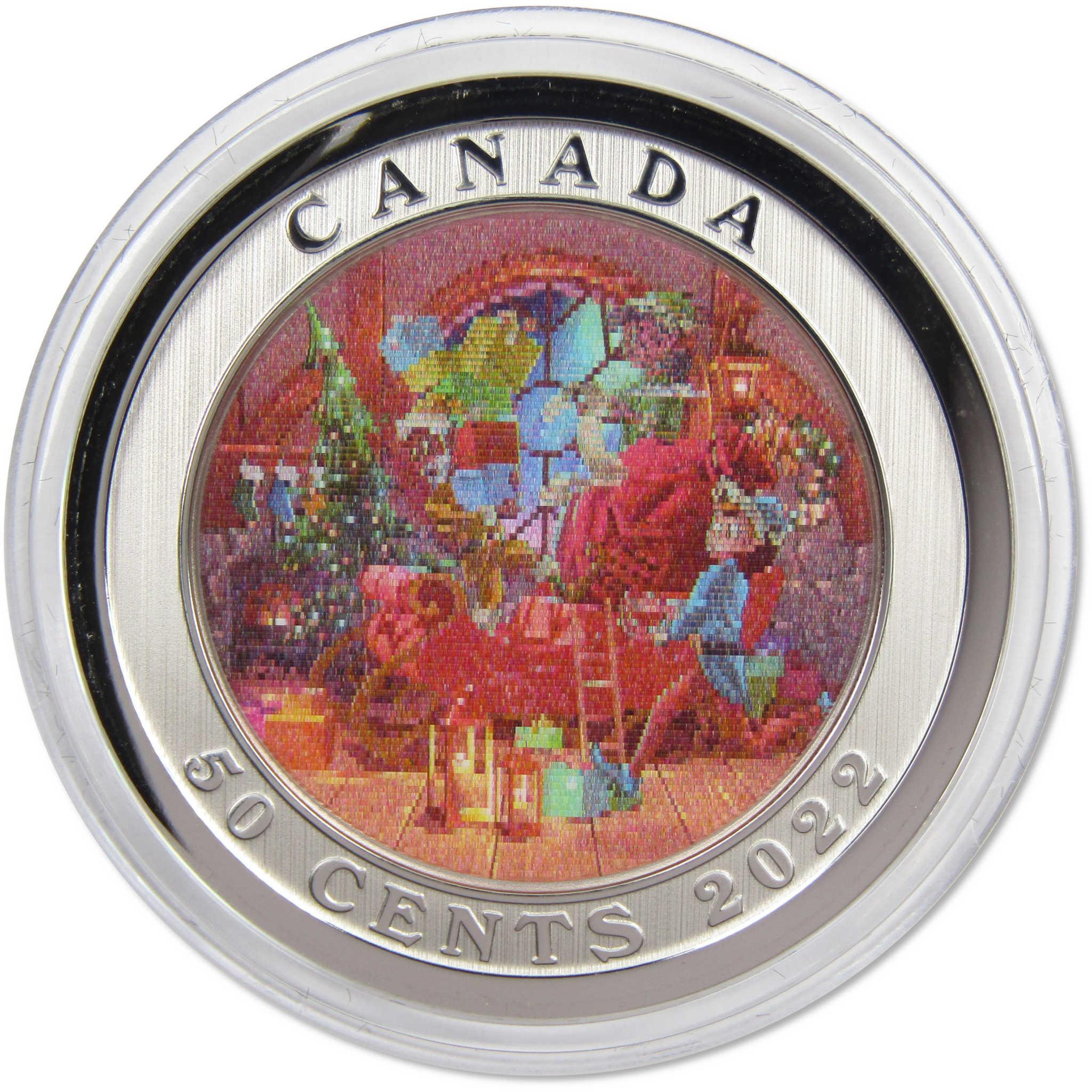 2022 Canada 50 cents collectible coin with colorful Christmas scene