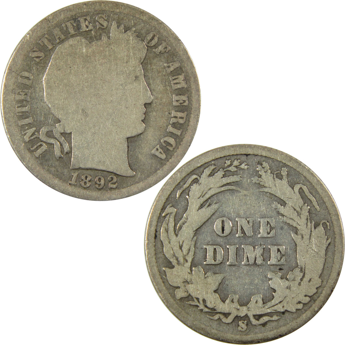 1892 S Barber Silver Dime G Good 10c Coin Collectible SKU:CP1762