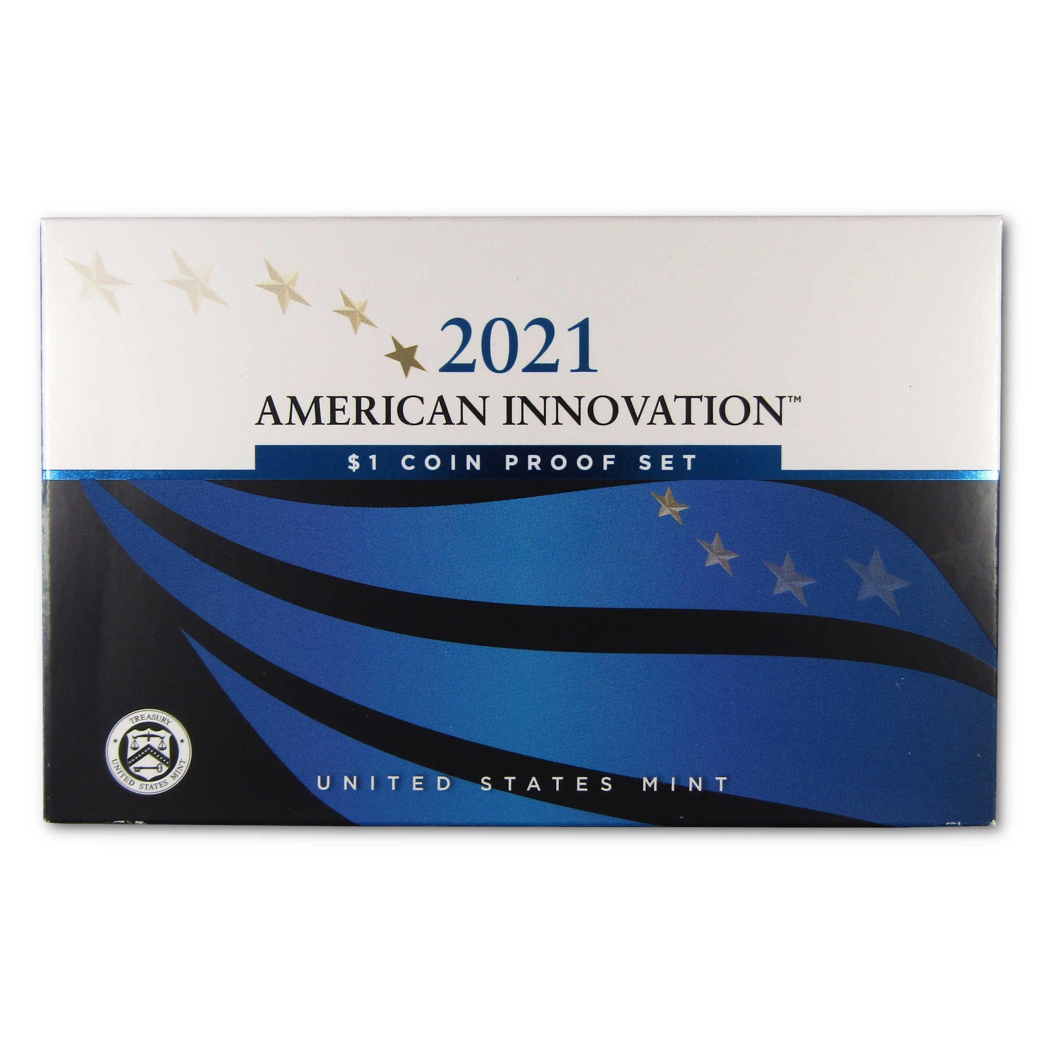 2021 American Innovation $1 coin proof set box with blue and gold stars design