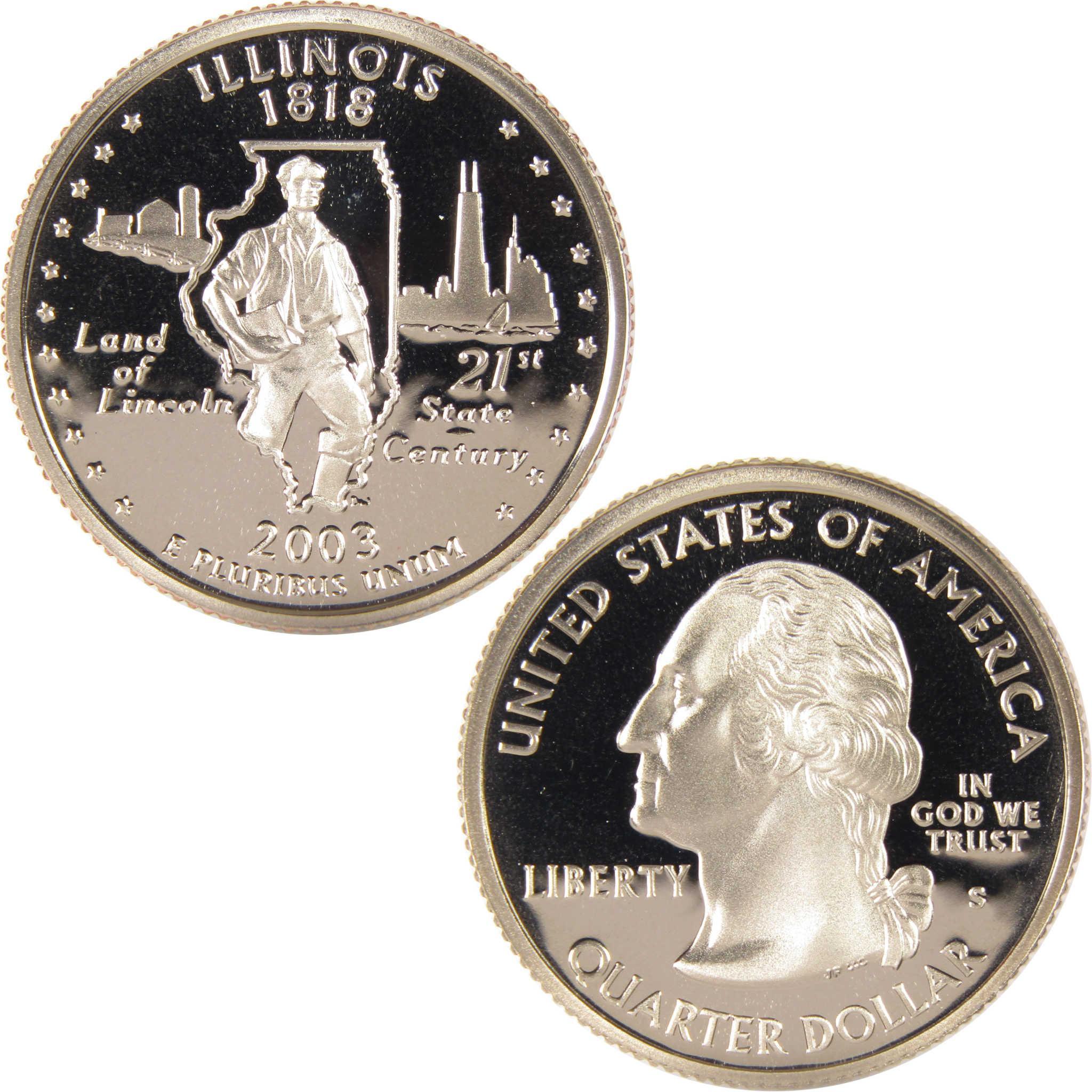 2003 Illinois state quarter collectible coin, one side with Lincoln, skyline and outline, other side with George Washington portrait.