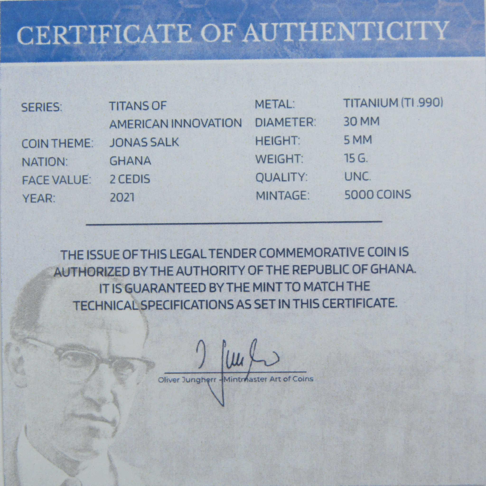 Titans of American Innovation Jonas Salk Titanium 2 Cedis 2021 Ghana