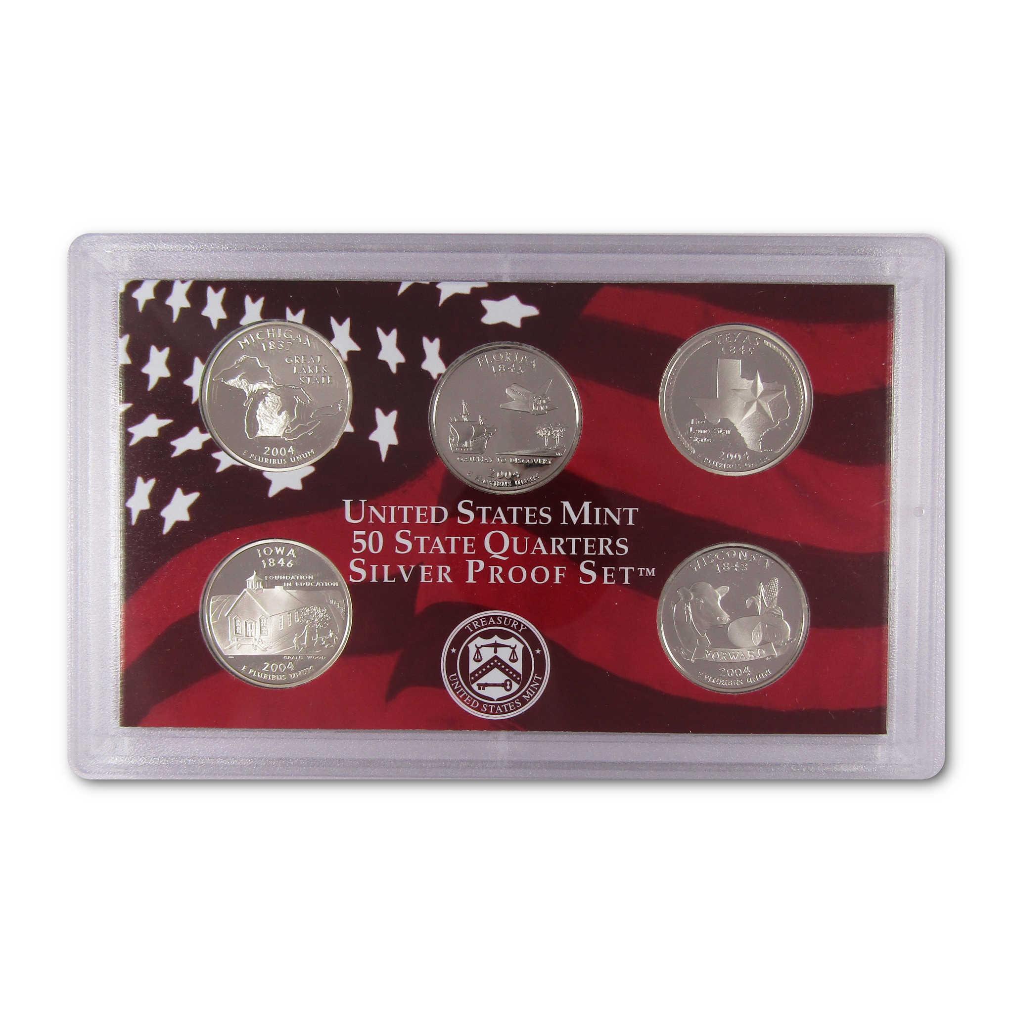 United States Mint 50 State Quarters Silver Proof Set 2004 in display case, collectible coins